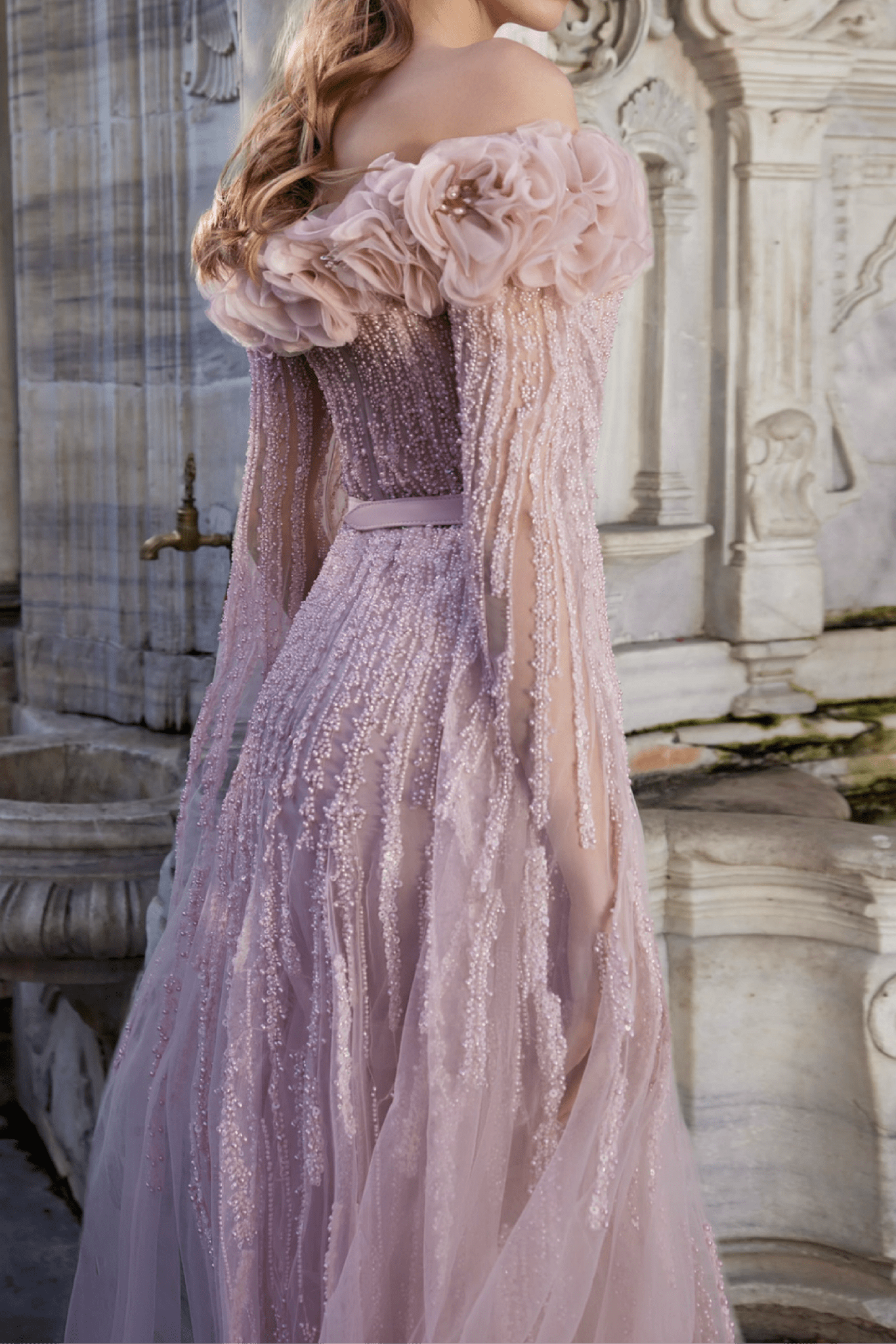 Blush Off - Shoulder Floral & Sequined Tulle Gown with Draped Sleeves - ALBOUSHIYA - district 5 - dubai - riyadh - abaya - dresses - designers - evening wear - luxury - elegance - craftsmanship - gowns - cocktail dresses - collections - georges