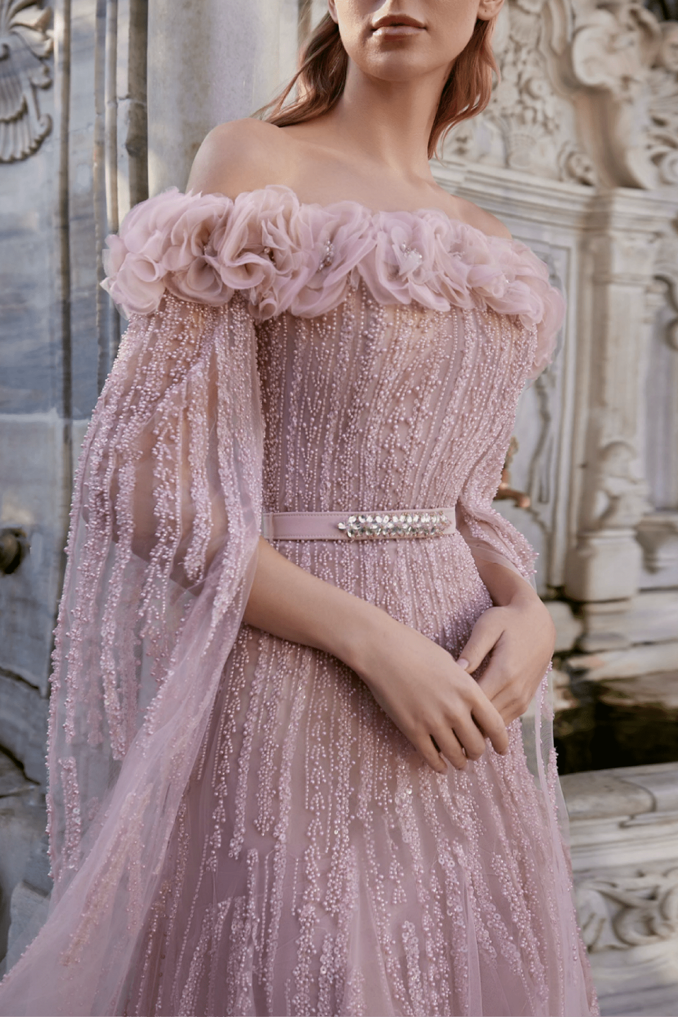 Blush Off - Shoulder Floral & Sequined Tulle Gown with Draped Sleeves - ALBOUSHIYA - district 5 - dubai - riyadh - abaya - dresses - designers - evening wear - luxury - elegance - craftsmanship - gowns - cocktail dresses - collections - georges