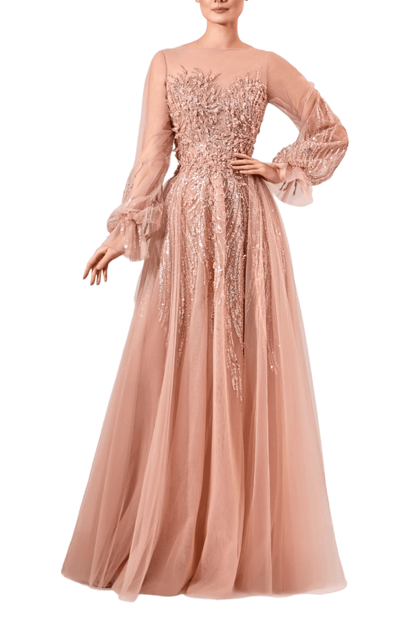 Blush Sequin Embellished Tulle Evening Gown - ALBOUSHIYA - district 5 - dubai - riyadh - abaya - dresses - designers - evening wear - luxury - elegance - craftsmanship - gowns - cocktail dresses - collections - georges
