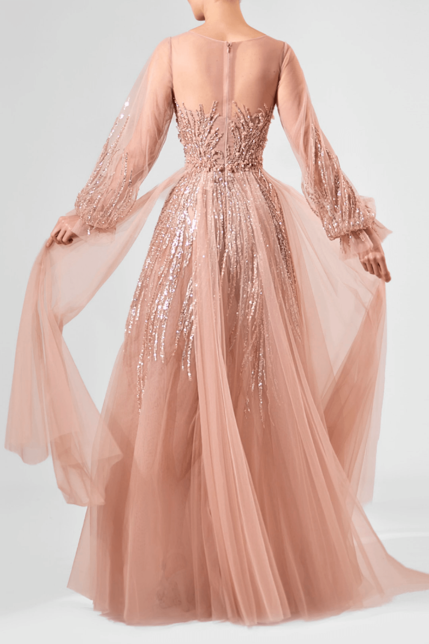 Blush Sequin Embellished Tulle Evening Gown - ALBOUSHIYA - district 5 - dubai - riyadh - abaya - dresses - designers - evening wear - luxury - elegance - craftsmanship - gowns - cocktail dresses - collections - georges
