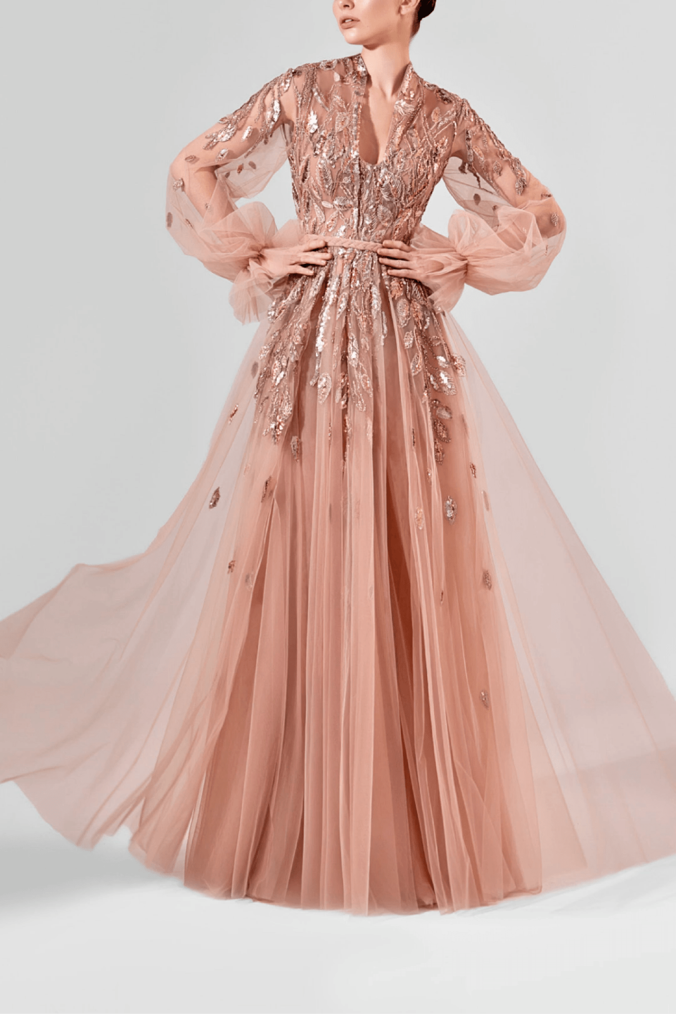 Blush Sequin Embellished Tulle Gown - ALBOUSHIYA - district 5 - dubai - riyadh - abaya - dresses - designers - evening wear - luxury - elegance - craftsmanship - gowns - cocktail dresses - collections - georges