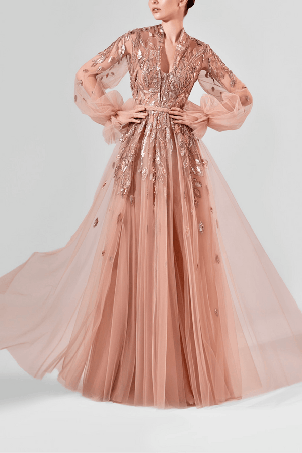 Blush Sequin Embellished Tulle Gown - ALBOUSHIYA - district 5 - dubai - riyadh - abaya - dresses - designers - evening wear - luxury - elegance - craftsmanship - gowns - cocktail dresses - collections - georges