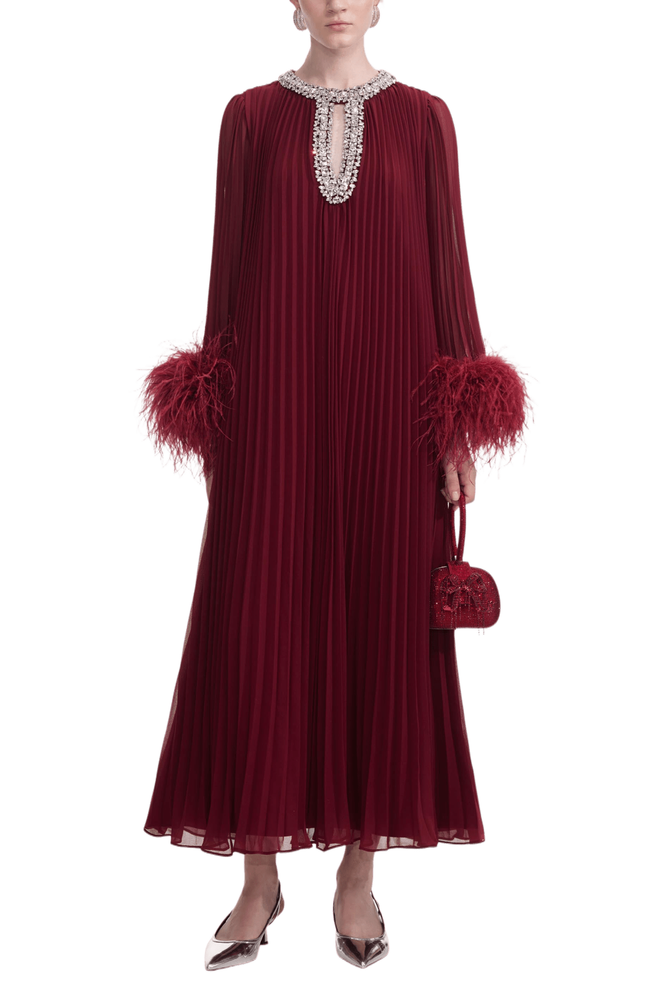 Burgundy Chiffon Feather Midi Dress - ALBOUSHIYA - district 5 - dubai - riyadh - abaya - dresses - designers - evening wear - luxury - elegance - craftsmanship - gowns - cocktail dresses - collections - georges
