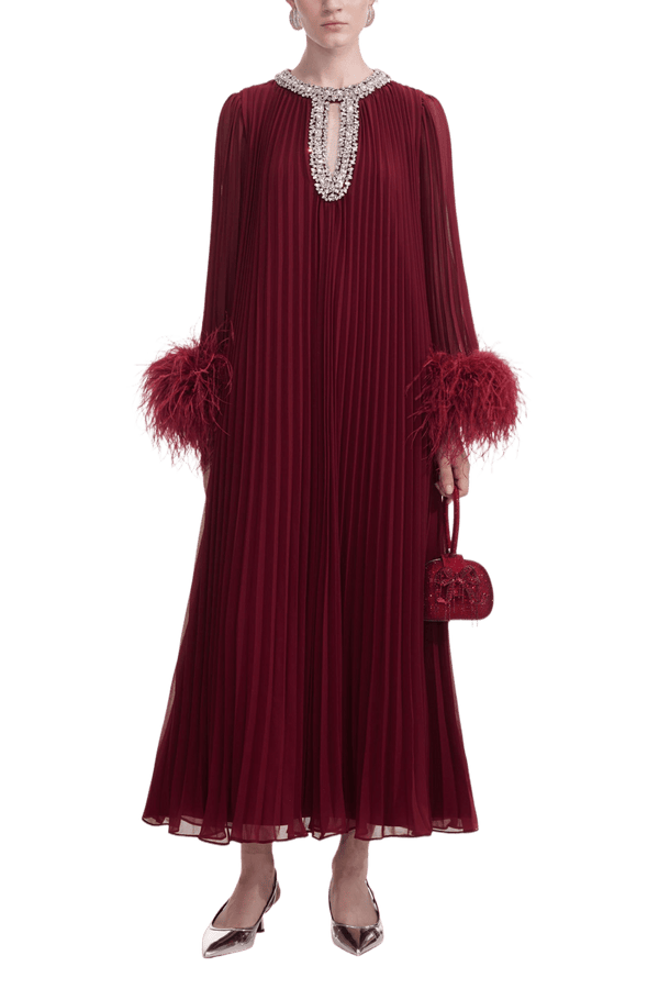 Burgundy Chiffon Feather Midi Dress - ALBOUSHIYA - district 5 - dubai - riyadh - abaya - dresses - designers - evening wear - luxury - elegance - craftsmanship - gowns - cocktail dresses - collections - georges