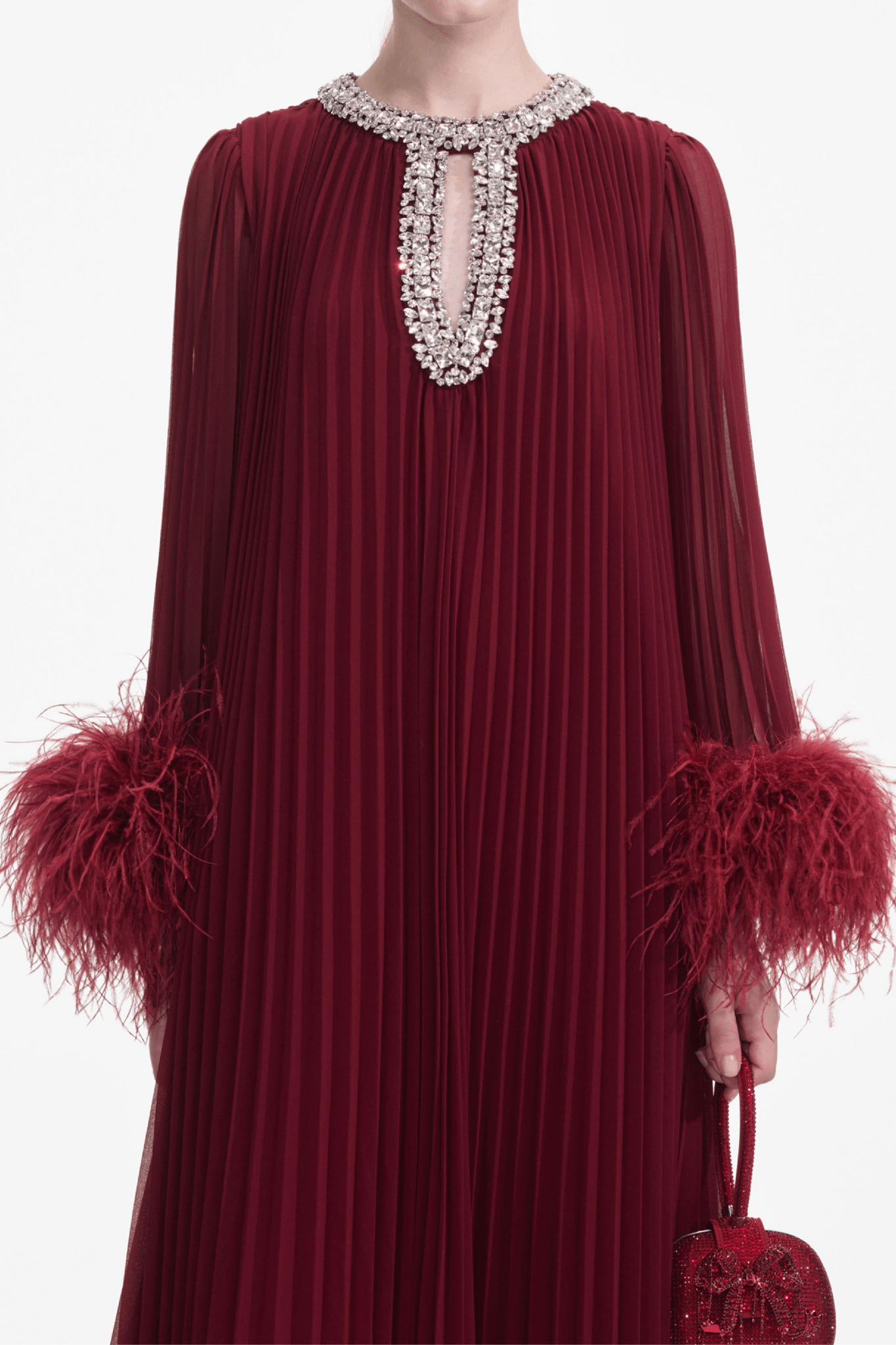 Burgundy Chiffon Feather Midi Dress - ALBOUSHIYA - district 5 - dubai - riyadh - abaya - dresses - designers - evening wear - luxury - elegance - craftsmanship - gowns - cocktail dresses - collections - georges