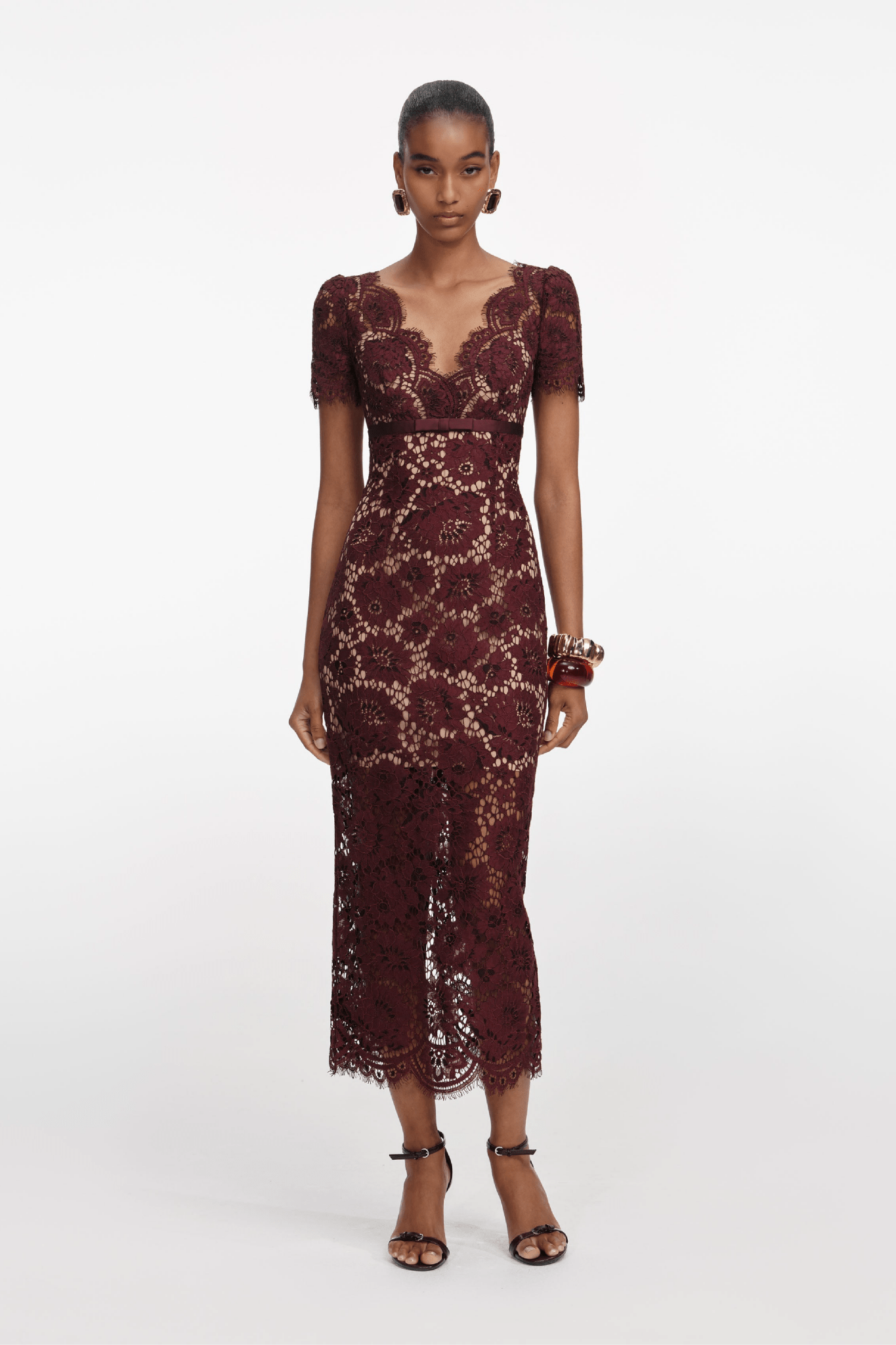 Burgundy Floral Lace Midi Dress - ALBOUSHIYA - district 5 - dubai - riyadh - abaya - dresses - designers - evening wear - luxury - elegance - craftsmanship - gowns - cocktail dresses - collections - georges