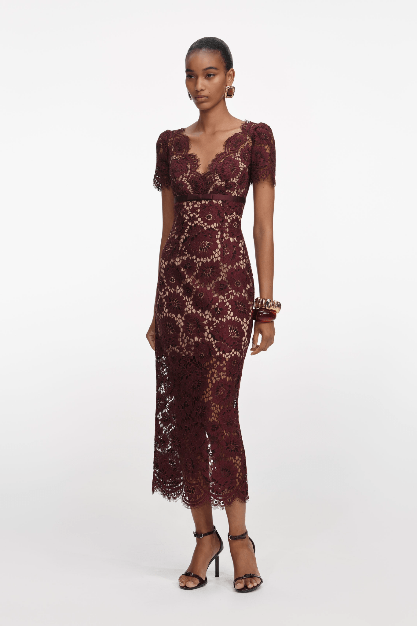Burgundy Floral Lace Midi Dress - ALBOUSHIYA - district 5 - dubai - riyadh - abaya - dresses - designers - evening wear - luxury - elegance - craftsmanship - gowns - cocktail dresses - collections - georges