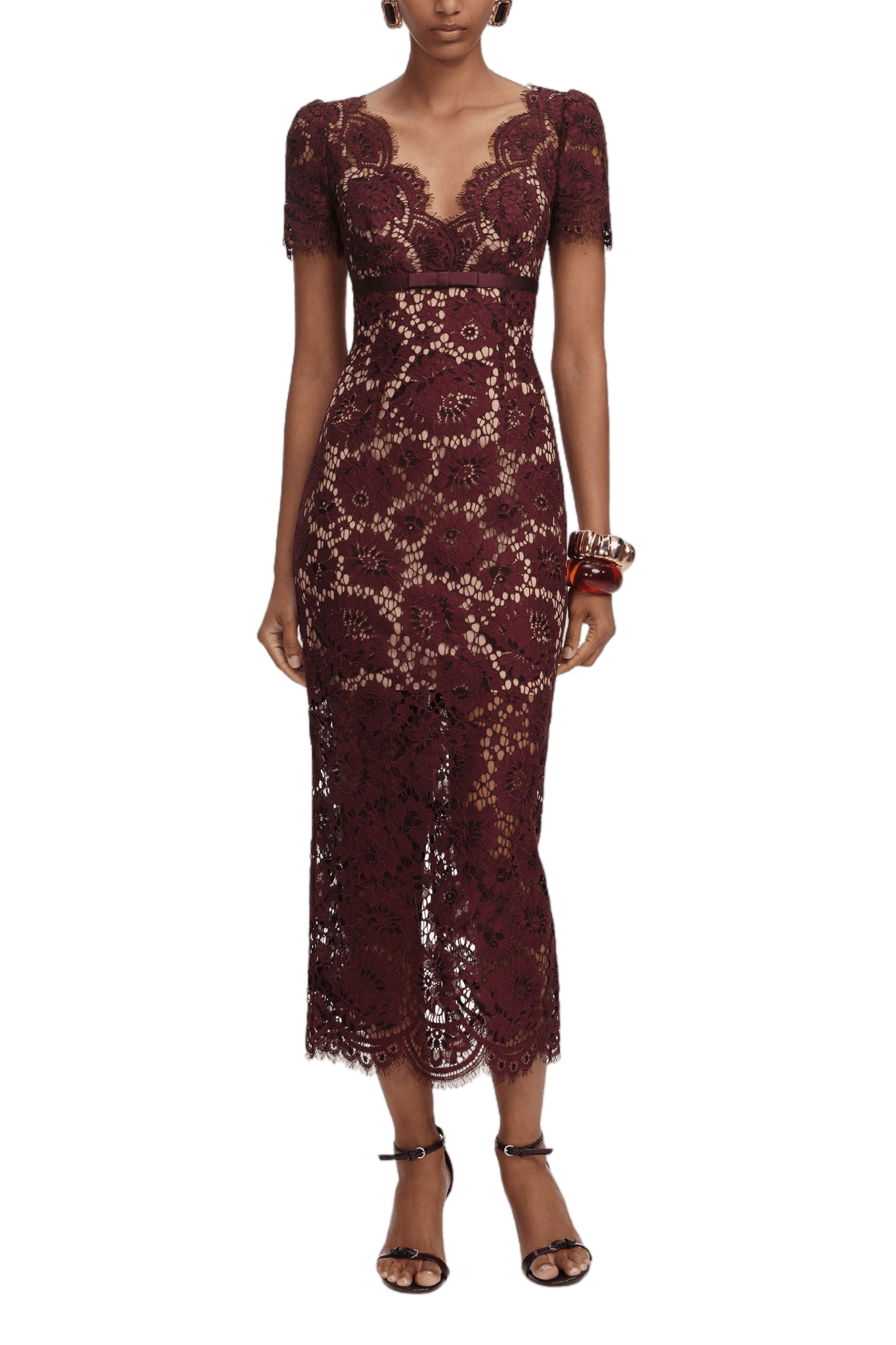Burgundy Floral Lace Midi Dress - ALBOUSHIYA - district 5 - dubai - riyadh - abaya - dresses - designers - evening wear - luxury - elegance - craftsmanship - gowns - cocktail dresses - collections - georges
