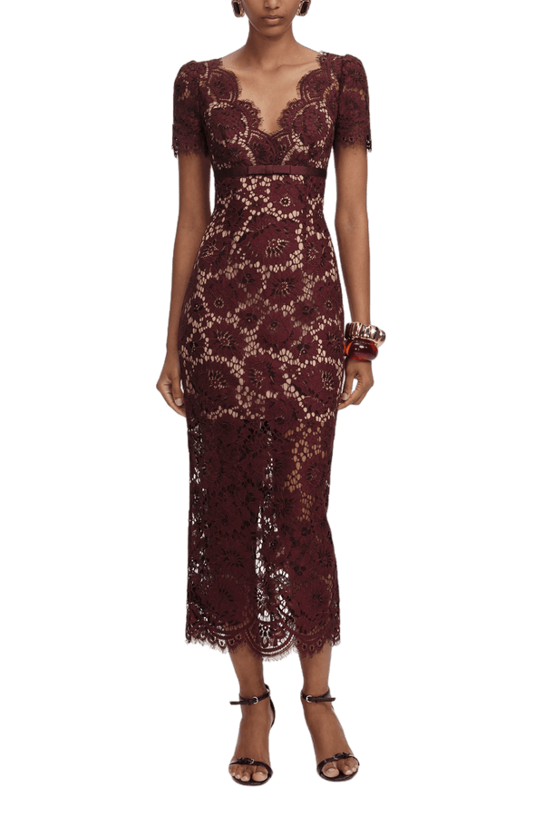 Burgundy Floral Lace Midi Dress - ALBOUSHIYA - district 5 - dubai - riyadh - abaya - dresses - designers - evening wear - luxury - elegance - craftsmanship - gowns - cocktail dresses - collections - georges