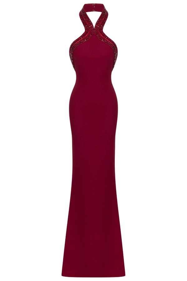 Burgundy Halter Neck Gown - ALBOUSHIYA - district 5 - dubai - riyadh - abaya - dresses - designers - evening wear - luxury - elegance - craftsmanship - gowns - cocktail dresses - collections - georges