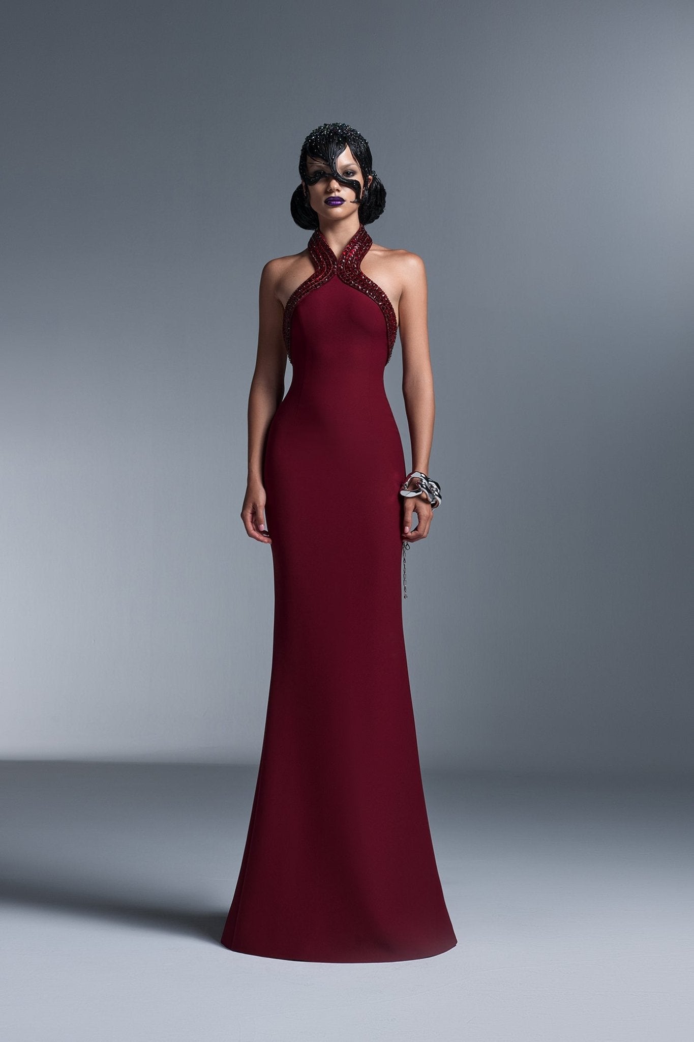 AFFFAIR - Burgundy Halter Neck Dress Decorated with Crystals | AL BOUSHIYA ALBOUSHIYA AFFFAIR - Burgundy Halter Neck Dress Decorated with Crystals | AL BOUSHIYA ALBOUSHIYA