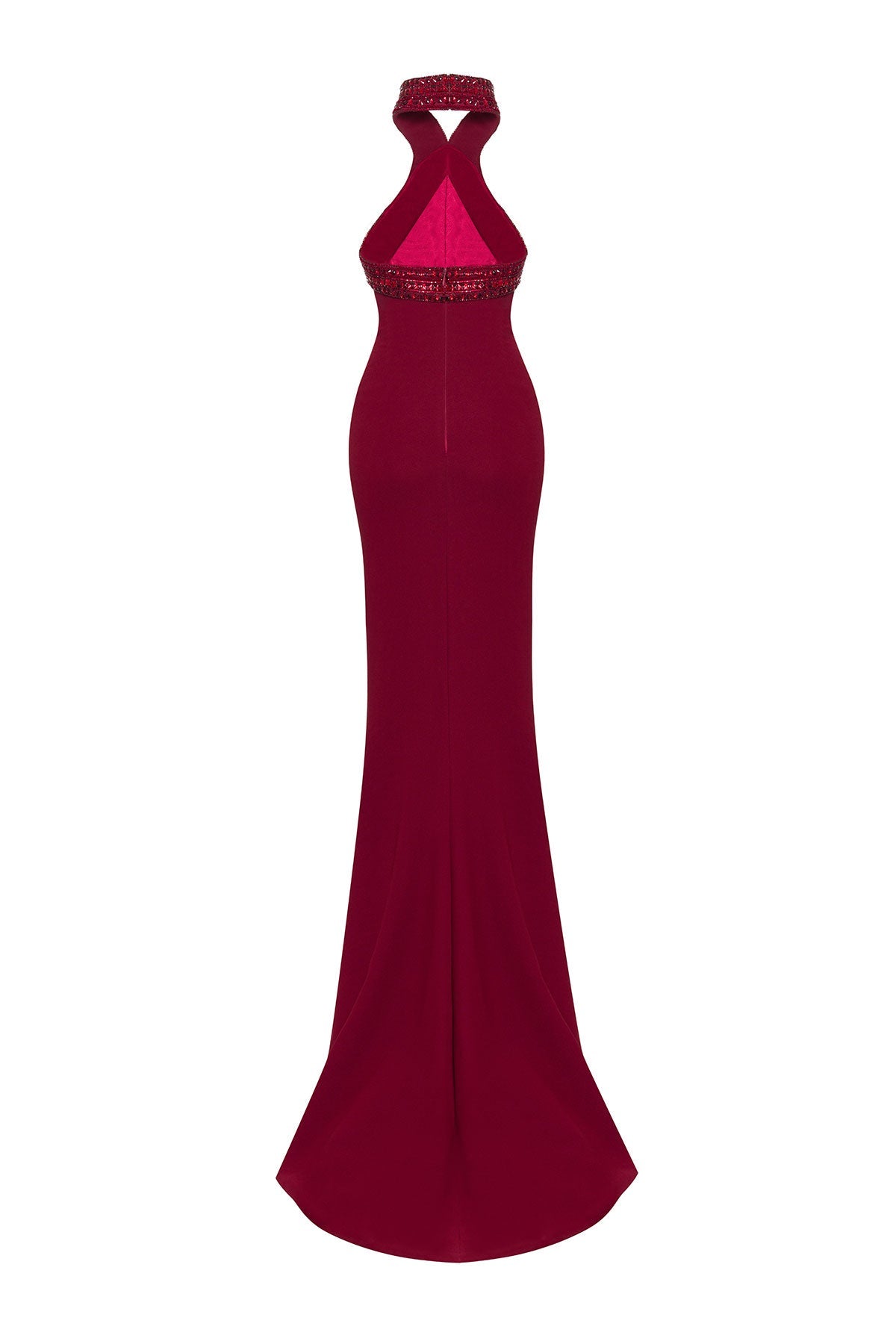 Burgundy Halter Neck Gown - ALBOUSHIYA - district 5 - dubai - riyadh - abaya - dresses - designers - evening wear - luxury - elegance - craftsmanship - gowns - cocktail dresses - collections - georges