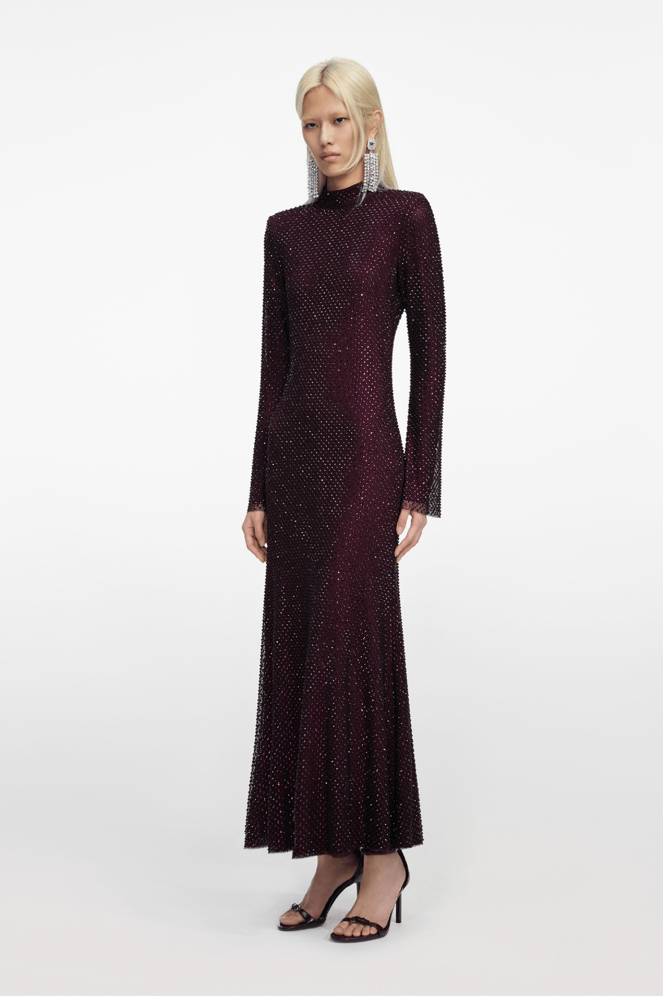 Burgundy Rhinestone Fishnet Midi Dress - ALBOUSHIYA - district 5 - dubai - riyadh - abaya - dresses - designers - evening wear - luxury - elegance - craftsmanship - gowns - cocktail dresses - collections - georges