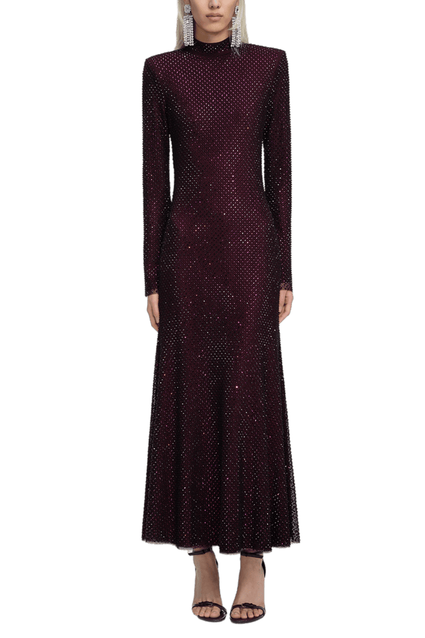 Burgundy Rhinestone Fishnet Midi Dress - ALBOUSHIYA - district 5 - dubai - riyadh - abaya - dresses - designers - evening wear - luxury - elegance - craftsmanship - gowns - cocktail dresses - collections - georges