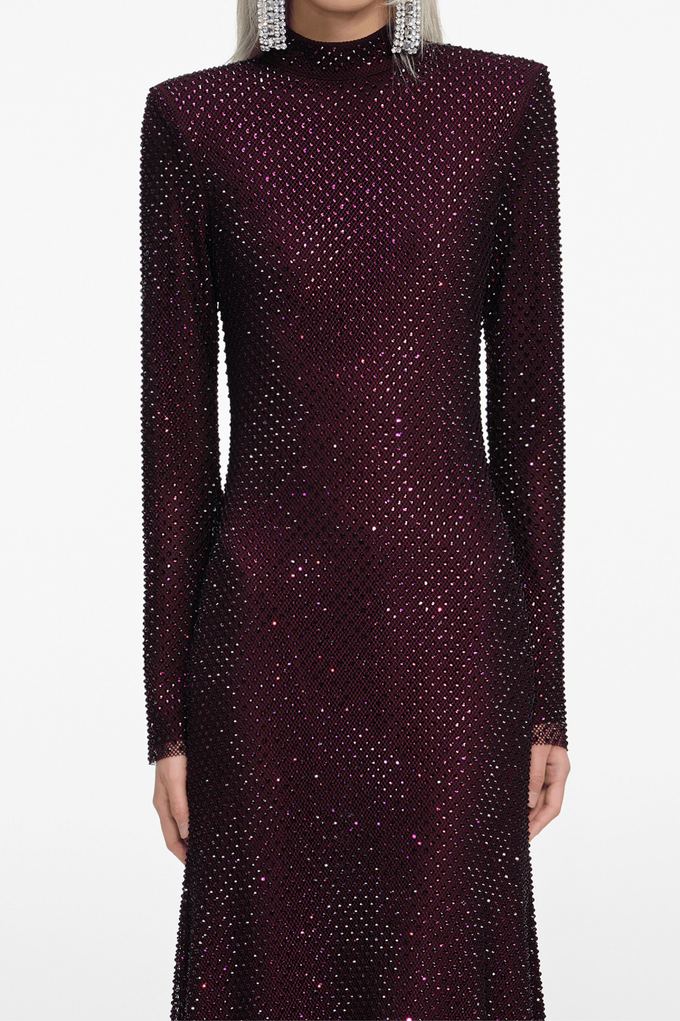 Burgundy Rhinestone Fishnet Midi Dress - ALBOUSHIYA - district 5 - dubai - riyadh - abaya - dresses - designers - evening wear - luxury - elegance - craftsmanship - gowns - cocktail dresses - collections - georges