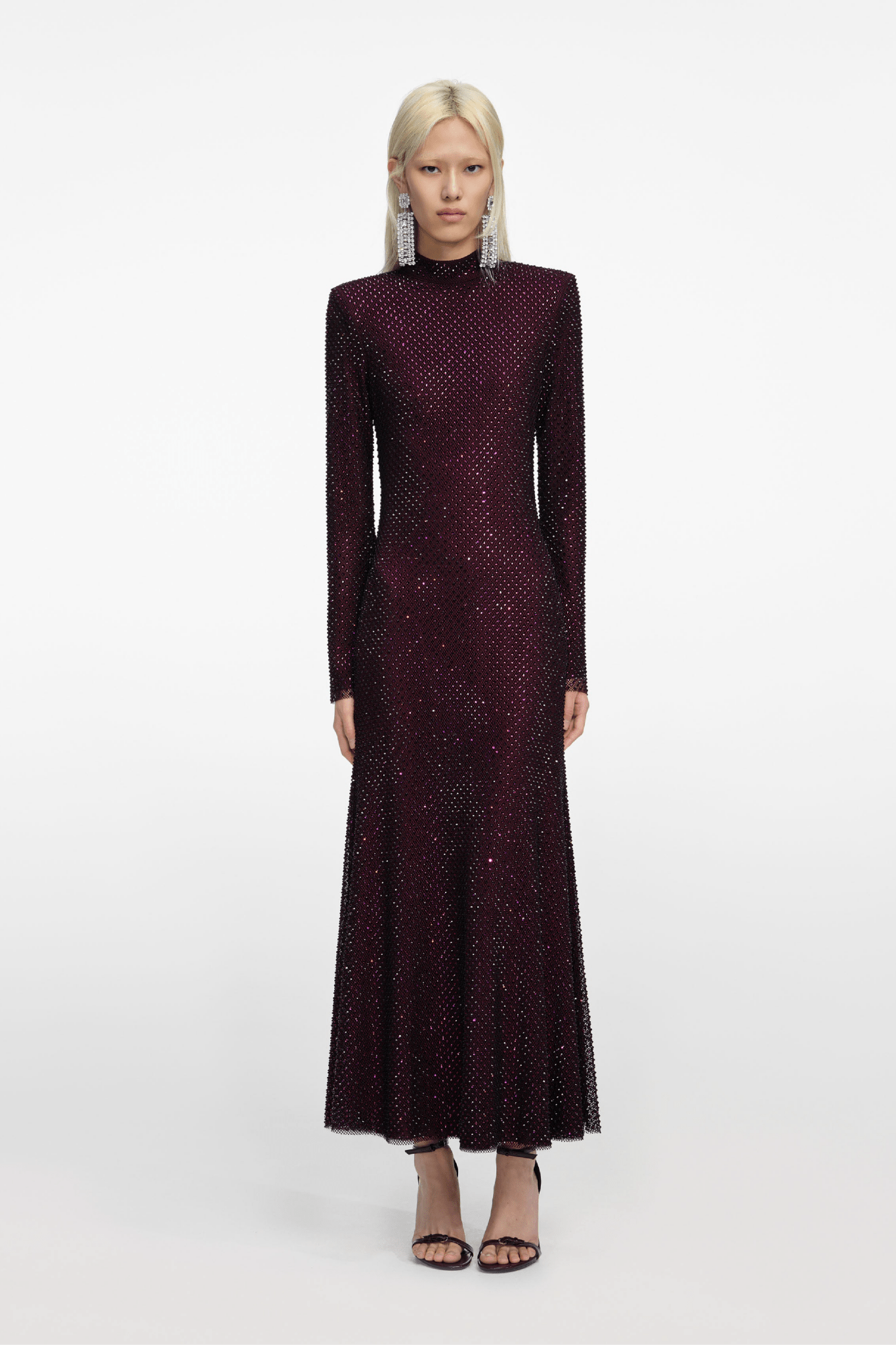 Burgundy Rhinestone Fishnet Midi Dress - ALBOUSHIYA - district 5 - dubai - riyadh - abaya - dresses - designers - evening wear - luxury - elegance - craftsmanship - gowns - cocktail dresses - collections - georges