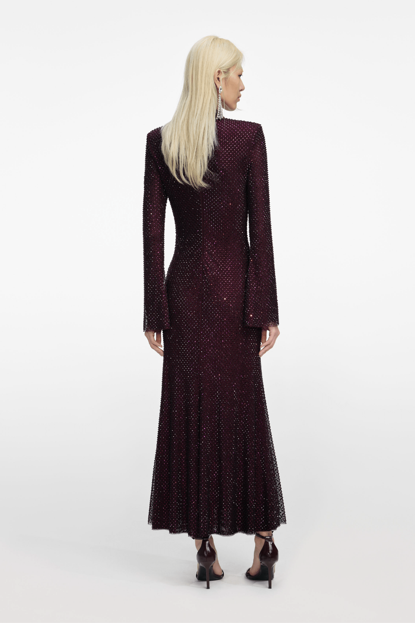 Burgundy Rhinestone Fishnet Midi Dress - ALBOUSHIYA - district 5 - dubai - riyadh - abaya - dresses - designers - evening wear - luxury - elegance - craftsmanship - gowns - cocktail dresses - collections - georges