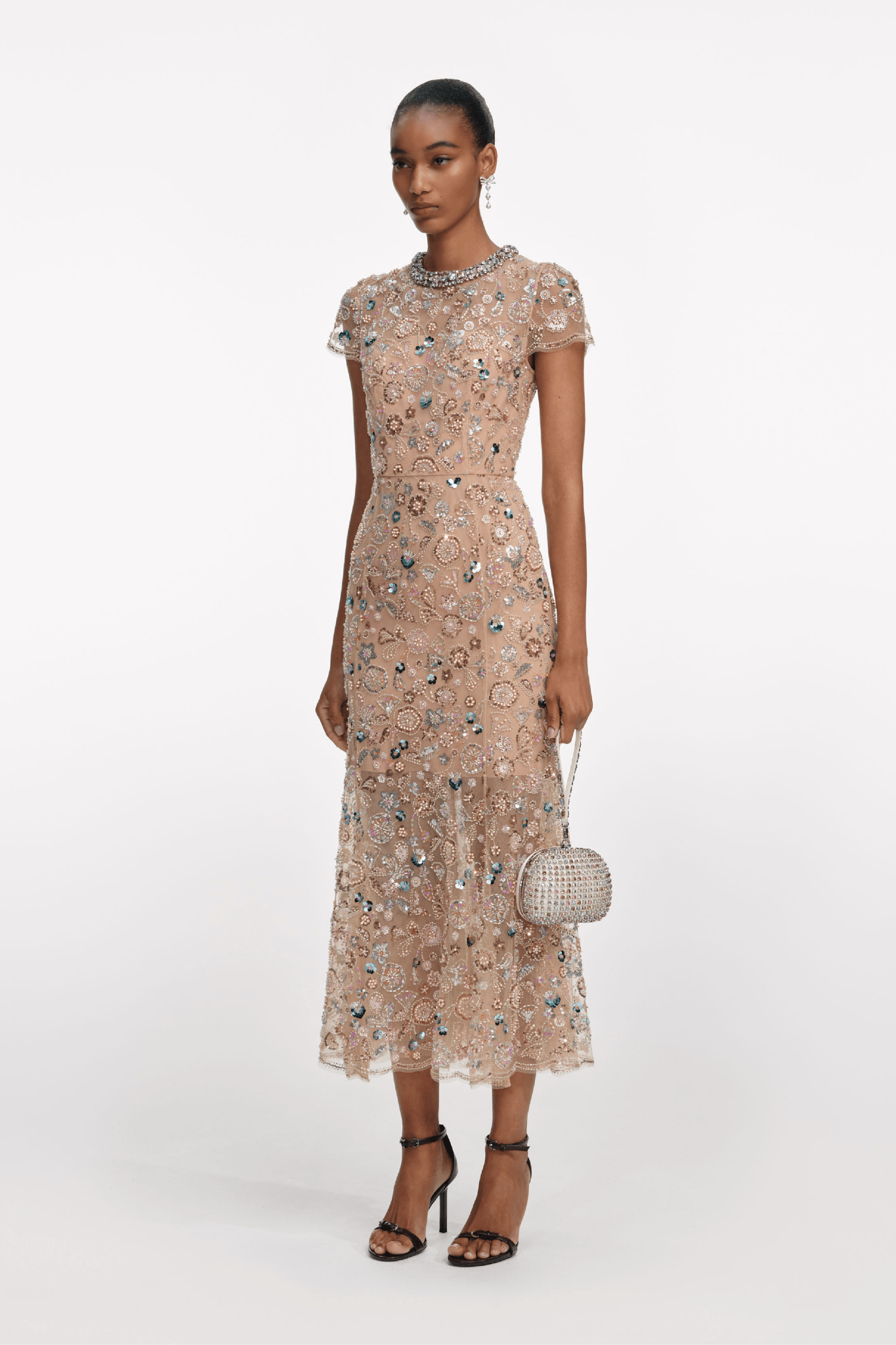 Champagne Sequin Embroidered Midi Dress - ALBOUSHIYA - district 5 - dubai - riyadh - abaya - dresses - designers - evening wear - luxury - elegance - craftsmanship - gowns - cocktail dresses - collections - georges