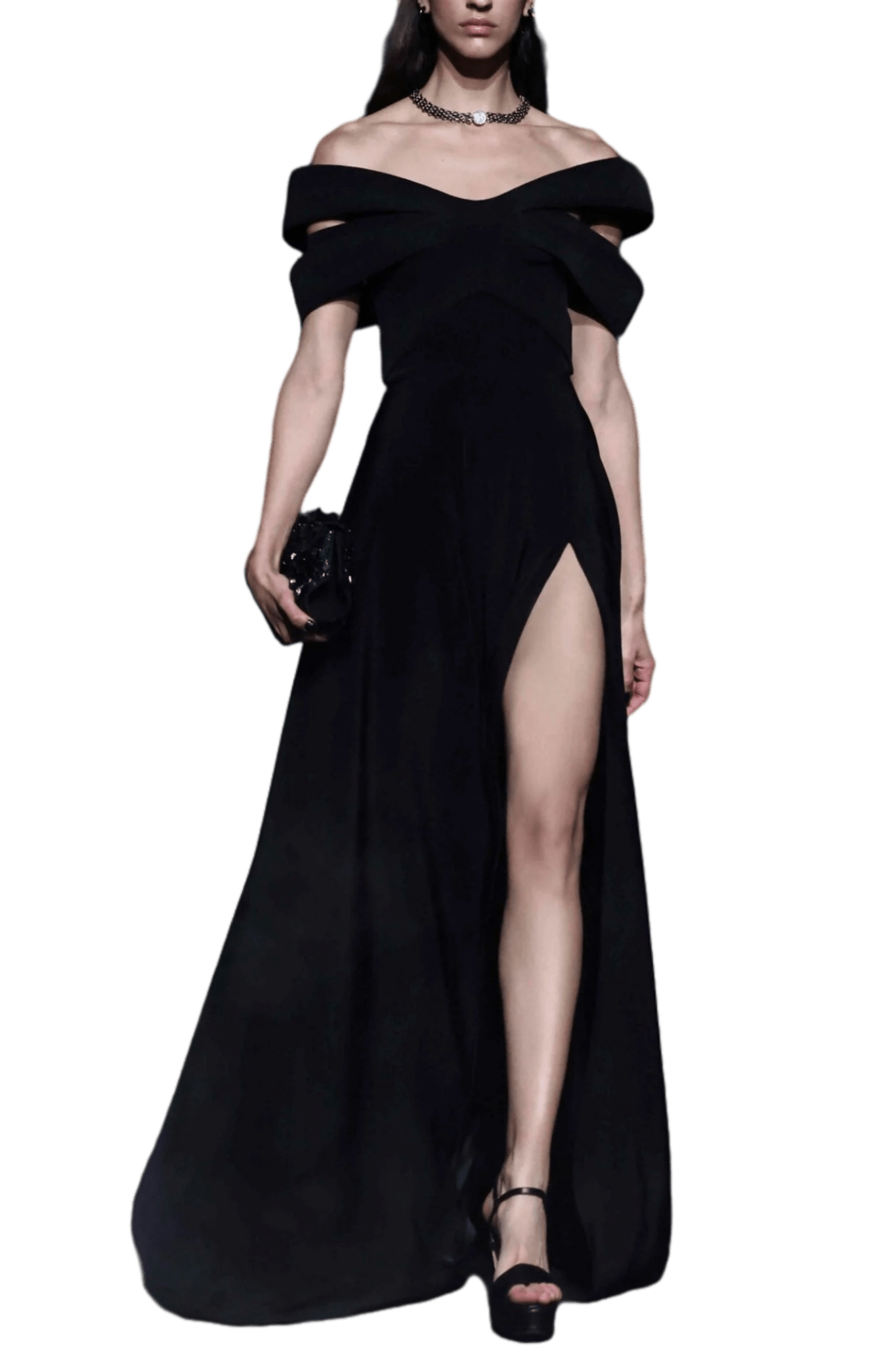 Crepe Dress With Structured Bow - Like Collar And Slit - ALBOUSHIYA - district 5 - dubai - riyadh - abaya - dresses - designers - evening wear - luxury - elegance - craftsmanship - gowns - cocktail dresses - collections - georges