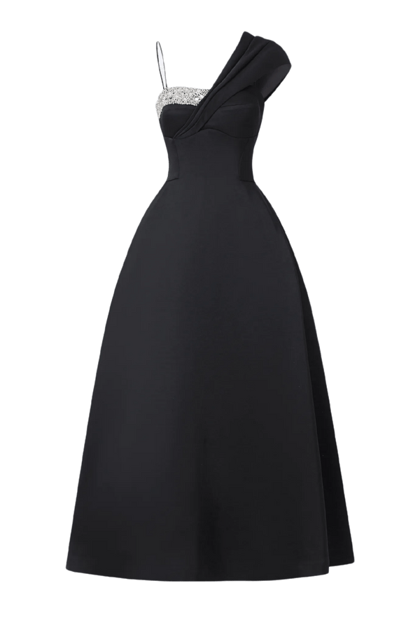 Crystal Embellished Asymmetric Midi - ALBOUSHIYA - district 5 - dubai - riyadh - abaya - dresses - designers - evening wear - luxury - elegance - craftsmanship - gowns - cocktail dresses - collections - georges