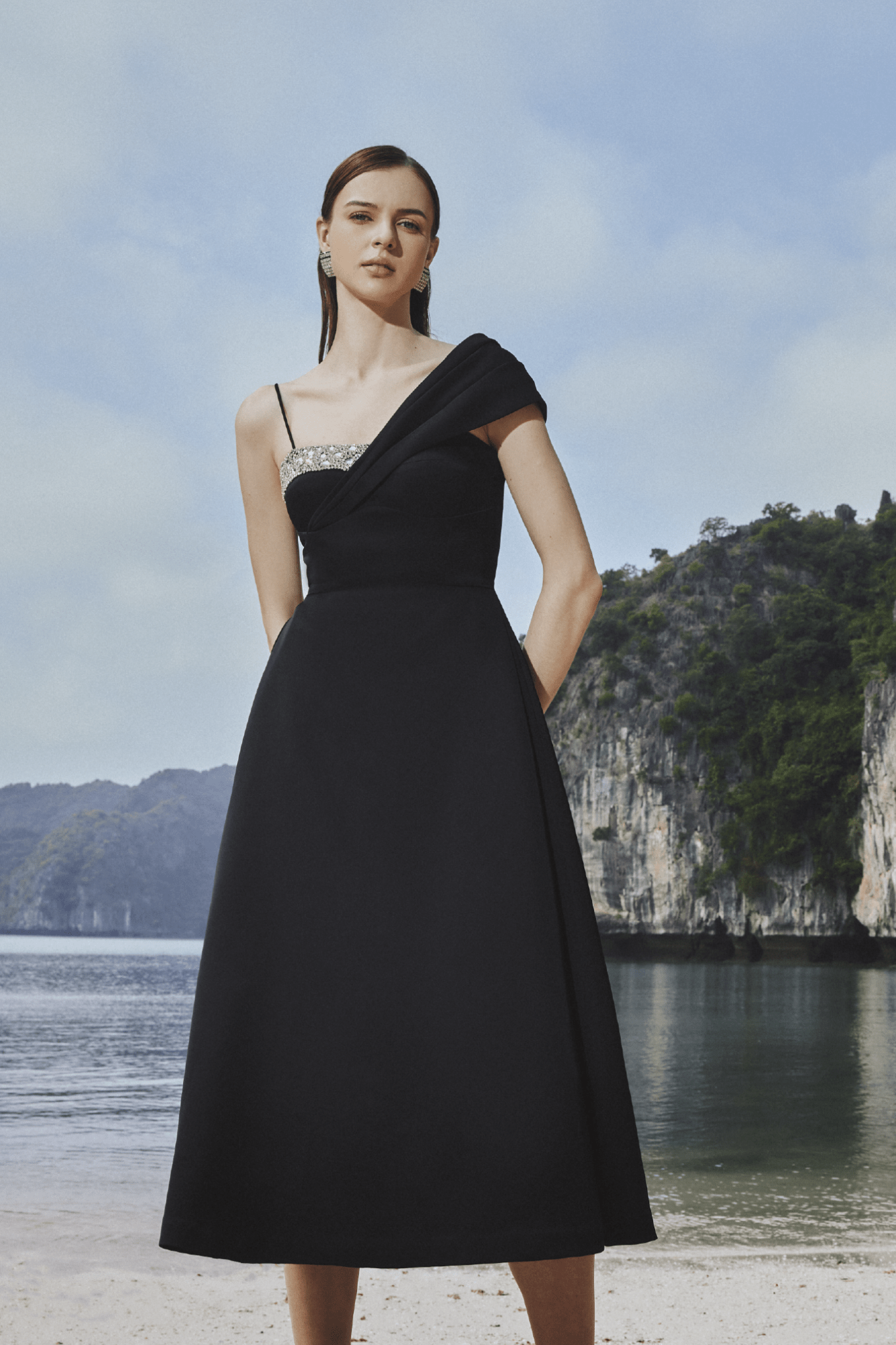 Crystal Embellished Asymmetric Midi - ALBOUSHIYA - district 5 - dubai - riyadh - abaya - dresses - designers - evening wear - luxury - elegance - craftsmanship - gowns - cocktail dresses - collections - georges
