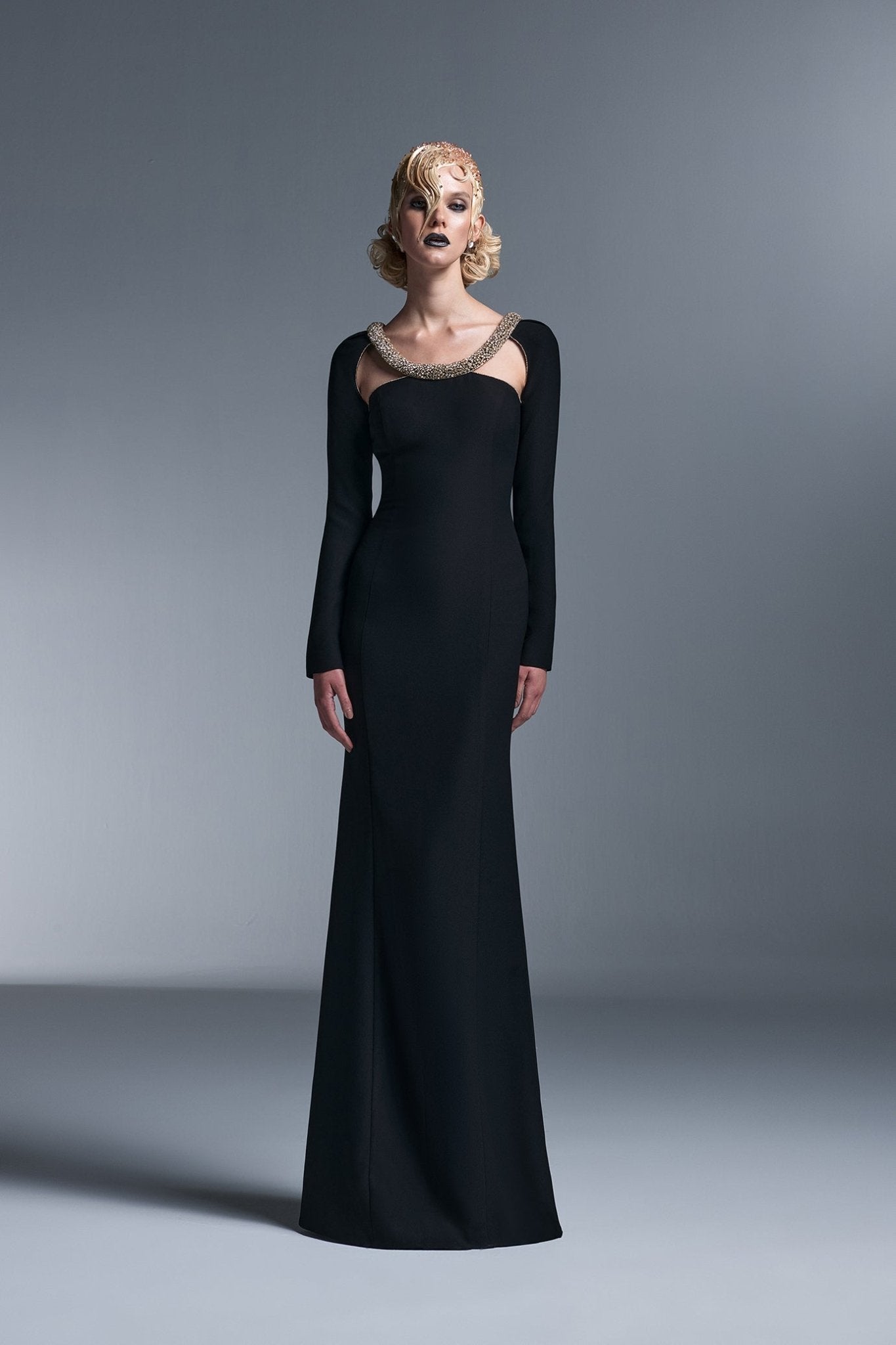 Crystal Embellished Gown with Sculpted Silhouette - ALBOUSHIYA - district 5 - dubai - riyadh - abaya - dresses - designers - evening wear - luxury - elegance - craftsmanship - gowns - cocktail dresses - collections - georges