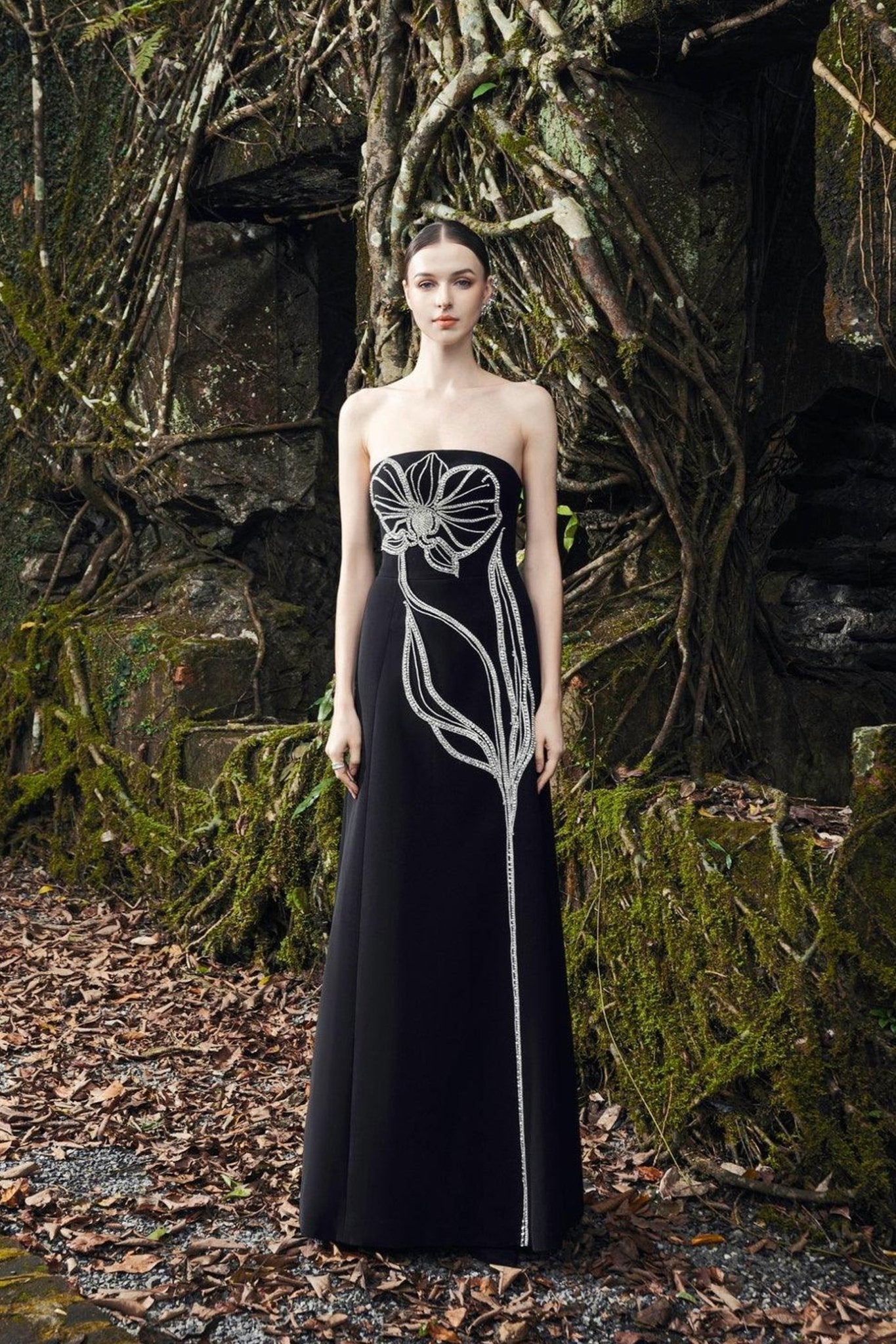 Crystal Strapless Dress With Long Back Cape - ALBOUSHIYA - district 5 - dubai - riyadh - abaya - dresses - designers - evening wear - luxury - elegance - craftsmanship - gowns - cocktail dresses - collections - georges