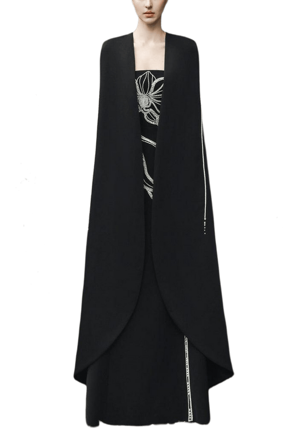 Crystal Strapless Dress With Long Back Cape - ALBOUSHIYA - district 5 - dubai - riyadh - abaya - dresses - designers - evening wear - luxury - elegance - craftsmanship - gowns - cocktail dresses - collections - georges