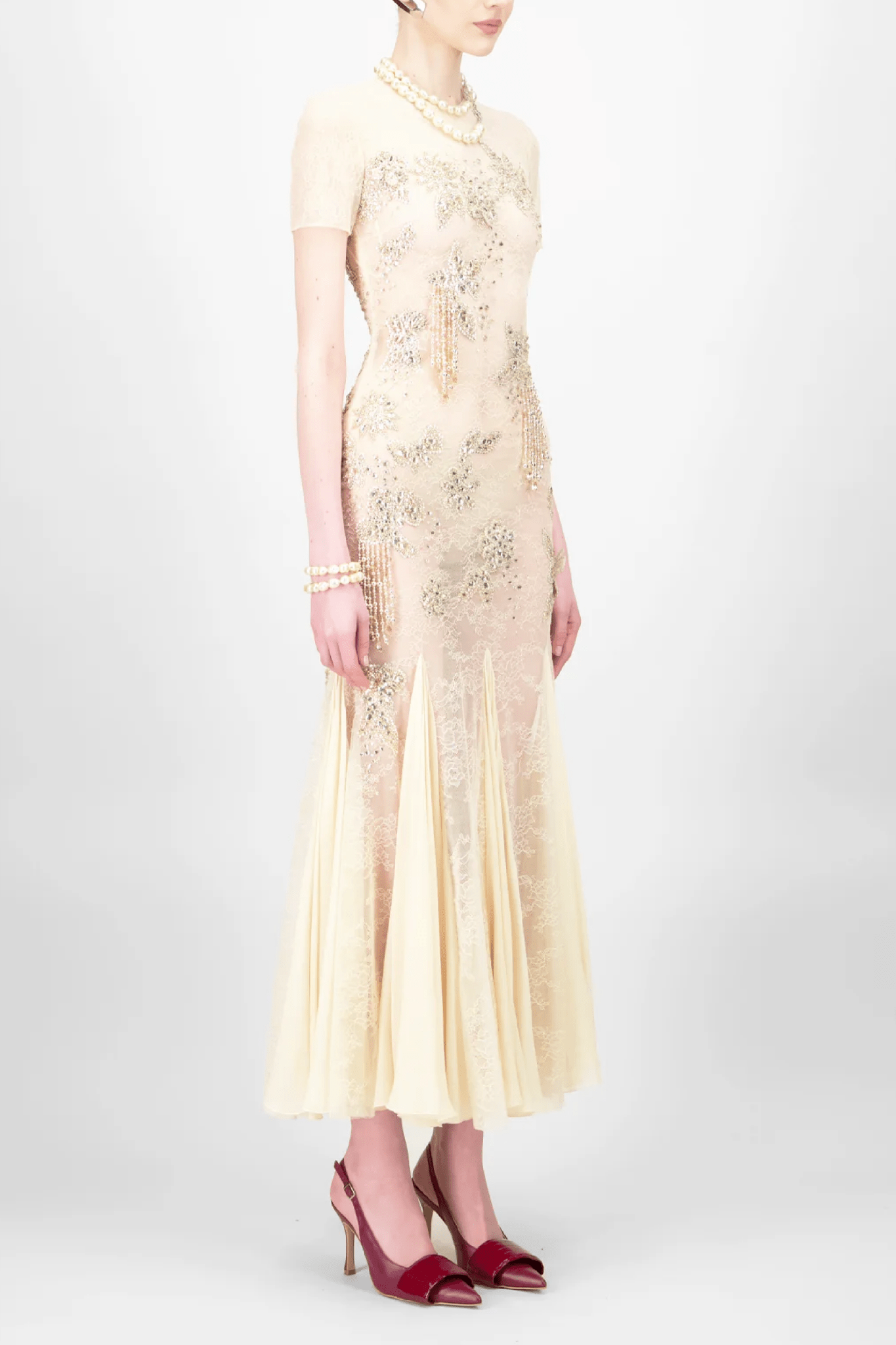 Crystallized Lace Midi Dress - ALBOUSHIYA - district 5 - dubai - riyadh - abaya - dresses - designers - evening wear - luxury - elegance - craftsmanship - gowns - cocktail dresses - collections - georges