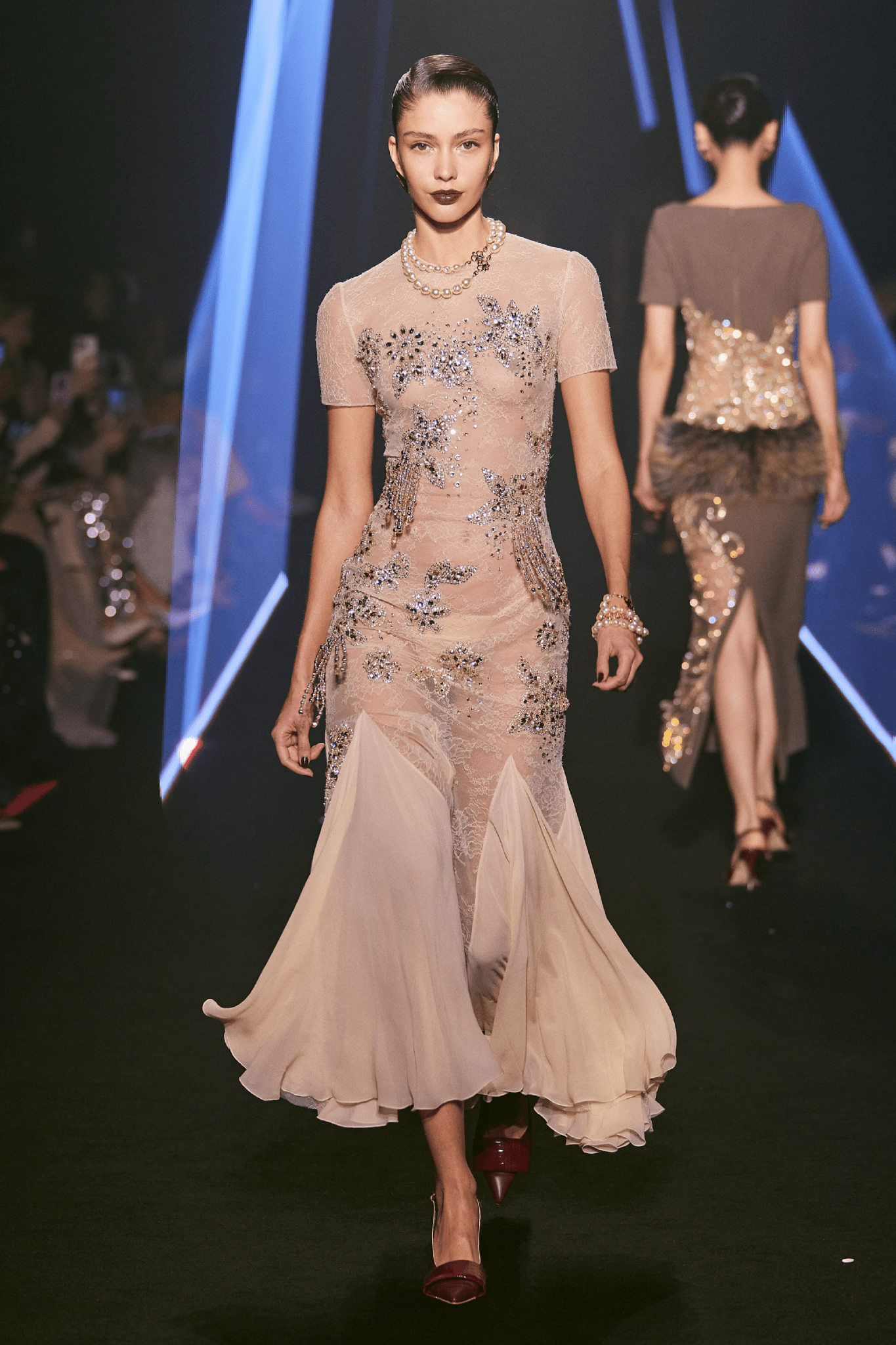 Crystallized Lace Midi Dress - ALBOUSHIYA - district 5 - dubai - riyadh - abaya - dresses - designers - evening wear - luxury - elegance - craftsmanship - gowns - cocktail dresses - collections - georges