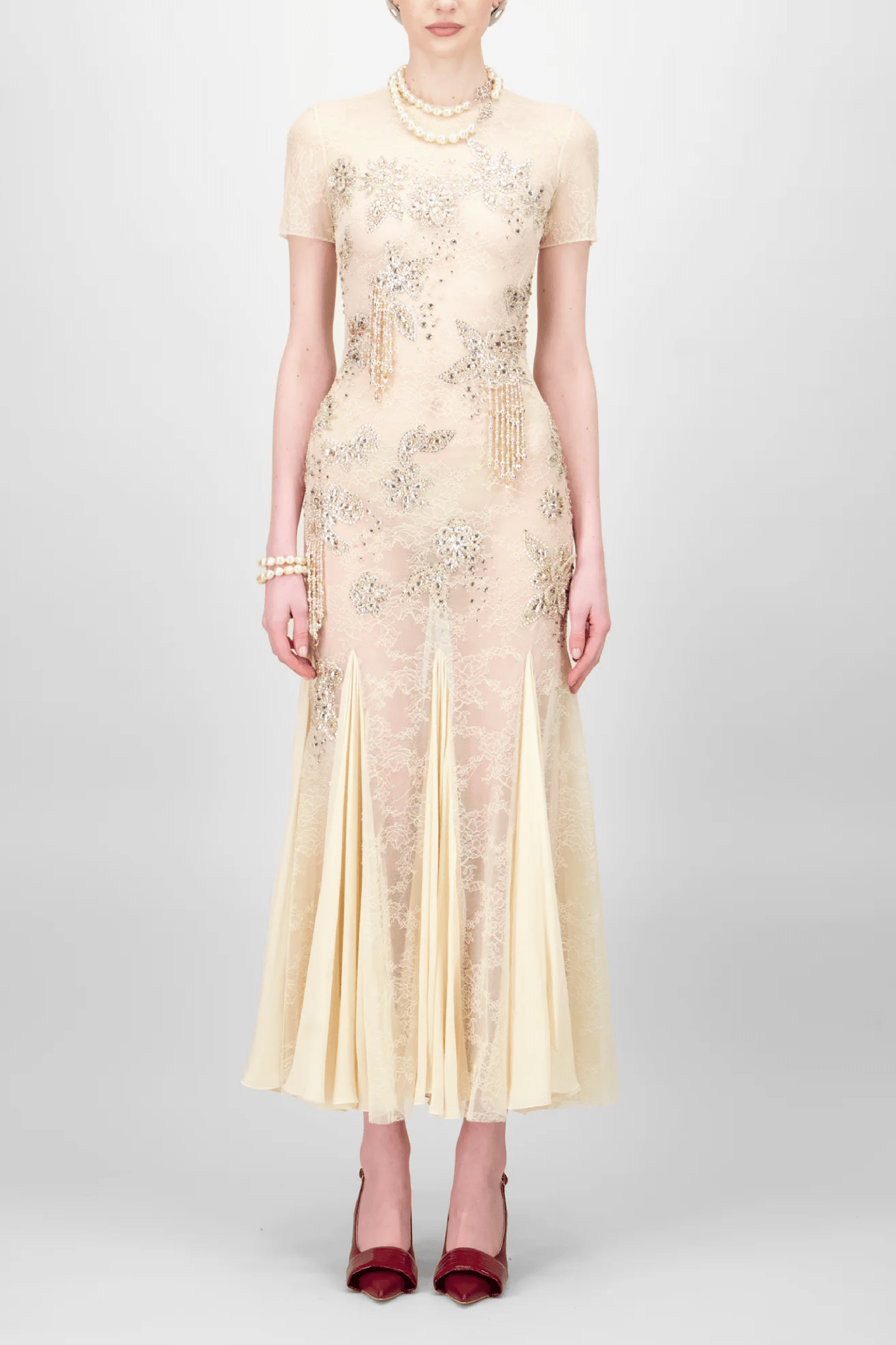 Crystallized Lace Midi Dress - ALBOUSHIYA - district 5 - dubai - riyadh - abaya - dresses - designers - evening wear - luxury - elegance - craftsmanship - gowns - cocktail dresses - collections - georges