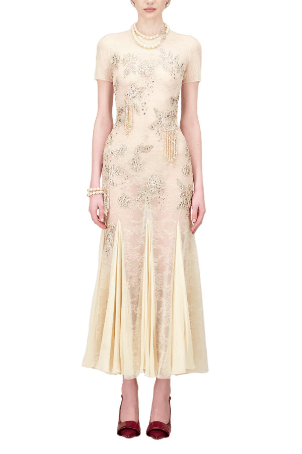 Crystallized Lace Midi Dress - ALBOUSHIYA - district 5 - dubai - riyadh - abaya - dresses - designers - evening wear - luxury - elegance - craftsmanship - gowns - cocktail dresses - collections - georges