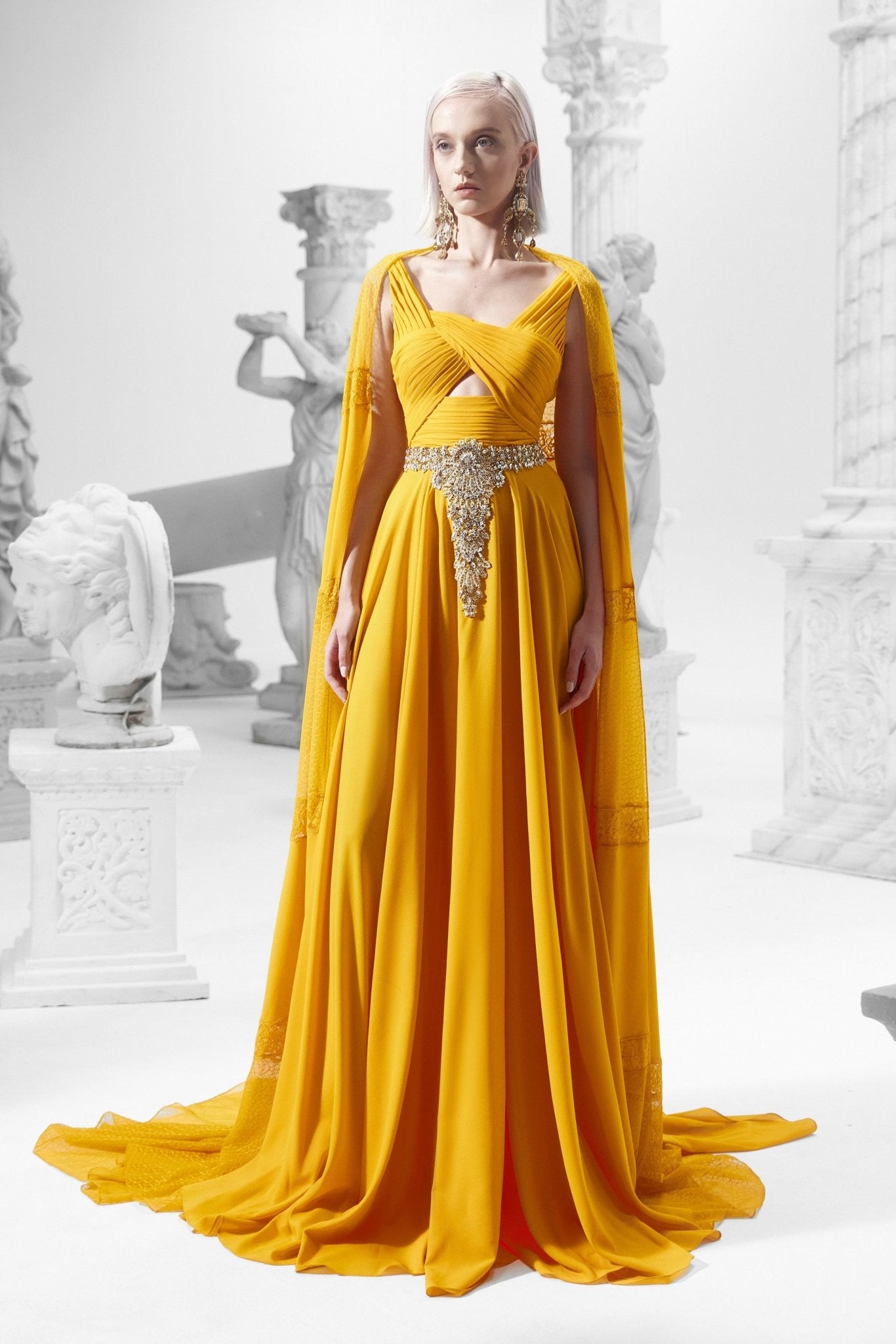 Cutout Embellished Cape Gown - ALBOUSHIYA - district 5 - dubai - riyadh - abaya - dresses - designers - evening wear - luxury - elegance - craftsmanship - gowns - cocktail dresses - collections - georges