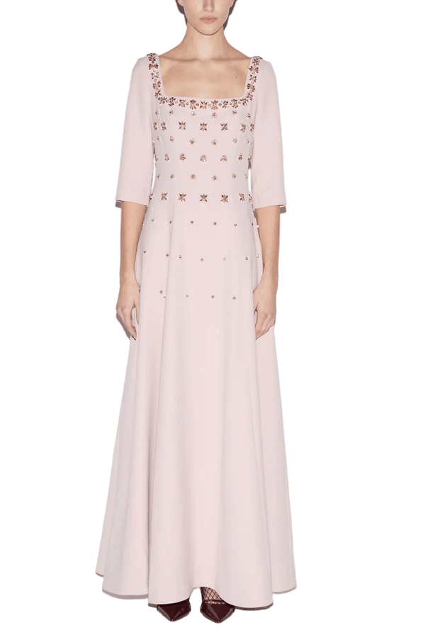 Daliah Gown Pale Pink Embellished Crepe - ALBOUSHIYA - district 5 - dubai - riyadh - abaya - dresses - designers - evening wear - luxury - elegance - craftsmanship - gowns - cocktail dresses - collections - georges