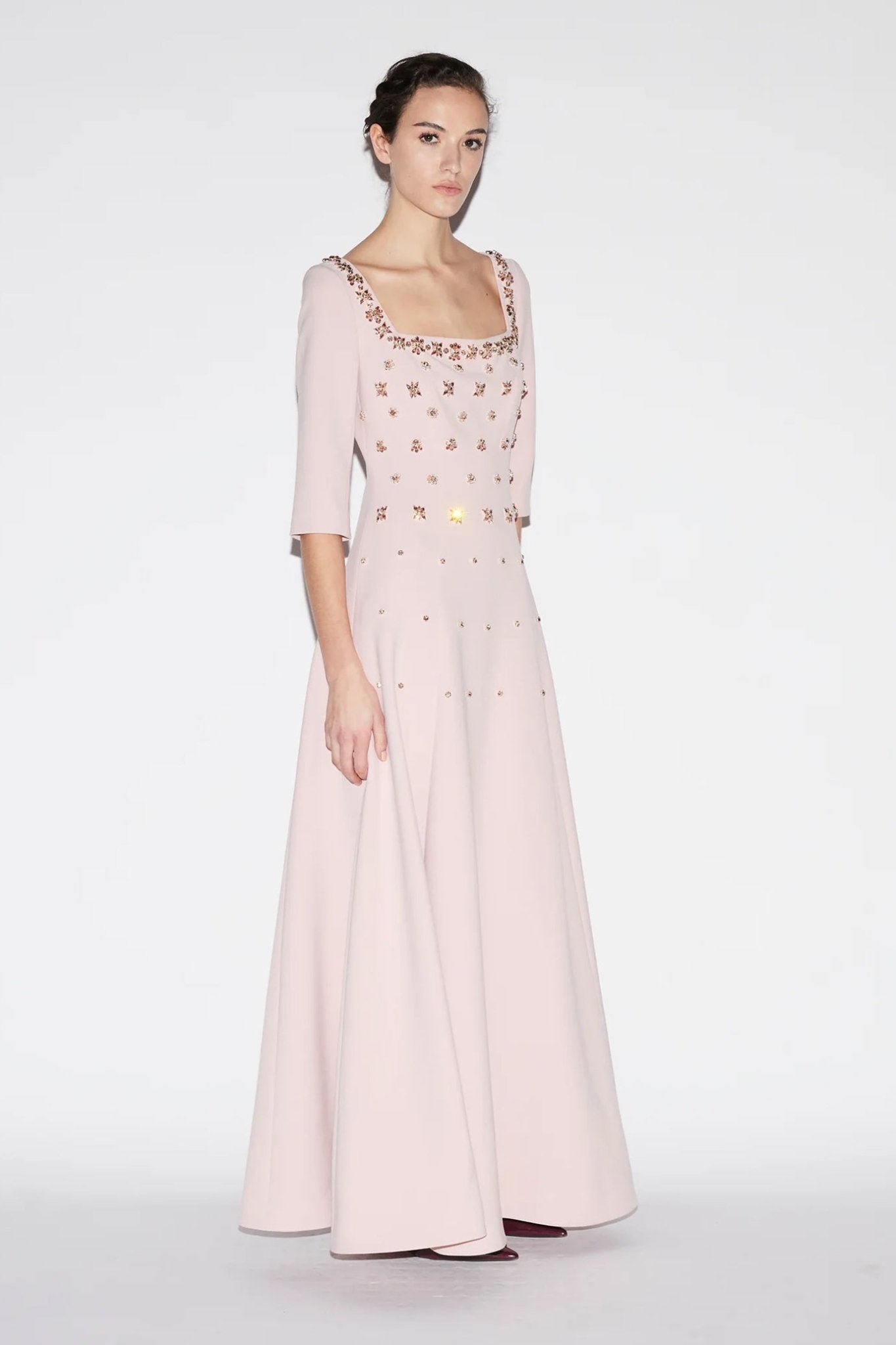 Daliah Gown Pale Pink Embellished Crepe - ALBOUSHIYA - district 5 - dubai - riyadh - abaya - dresses - designers - evening wear - luxury - elegance - craftsmanship - gowns - cocktail dresses - collections - georges