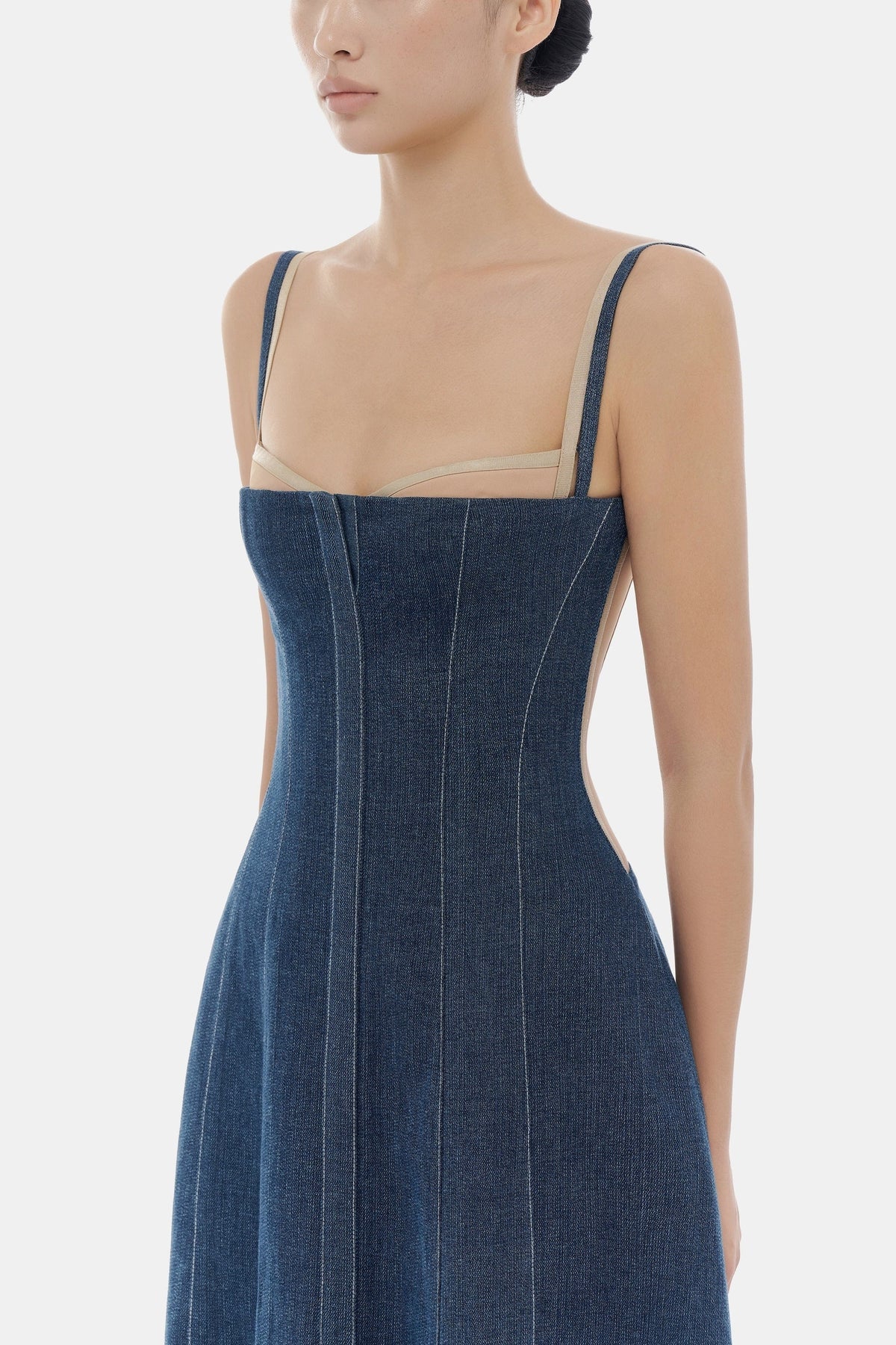 Denim Blue Corset Midi Dress - ALBOUSHIYA - district 5 - dubai - riyadh - abaya - dresses - designers - evening wear - luxury - elegance - craftsmanship - gowns - cocktail dresses - collections - georges