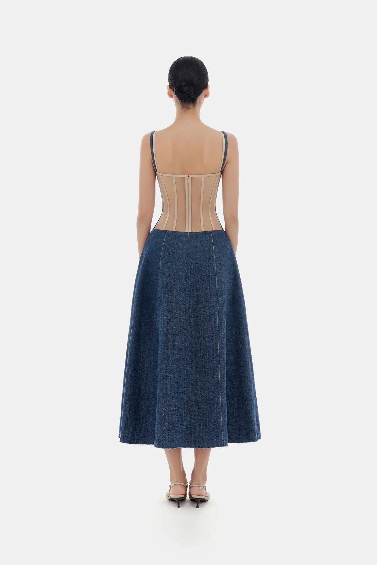 Denim Blue Corset Midi Dress - ALBOUSHIYA - district 5 - dubai - riyadh - abaya - dresses - designers - evening wear - luxury - elegance - craftsmanship - gowns - cocktail dresses - collections - georges