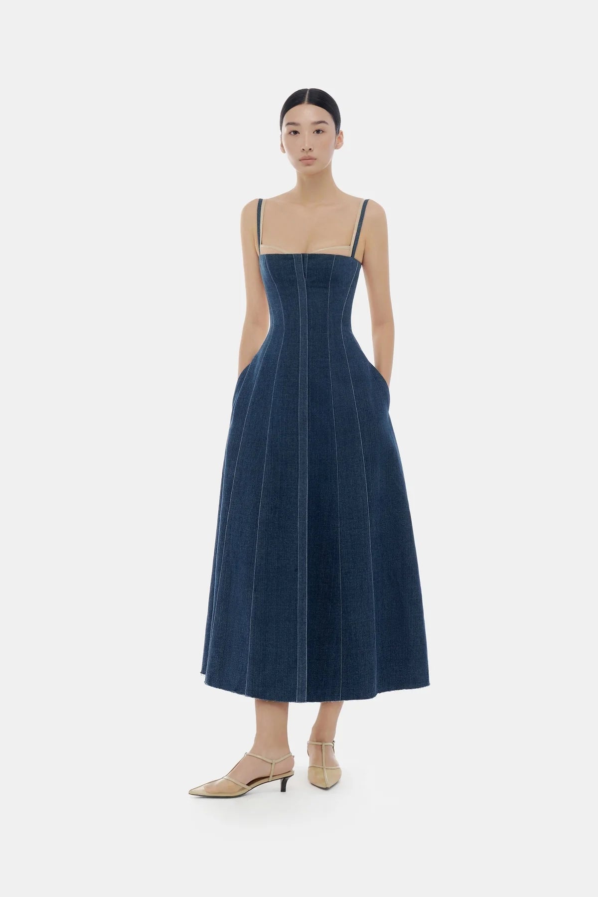 Denim Blue Corset Midi Dress - ALBOUSHIYA - district 5 - dubai - riyadh - abaya - dresses - designers - evening wear - luxury - elegance - craftsmanship - gowns - cocktail dresses - collections - georges
