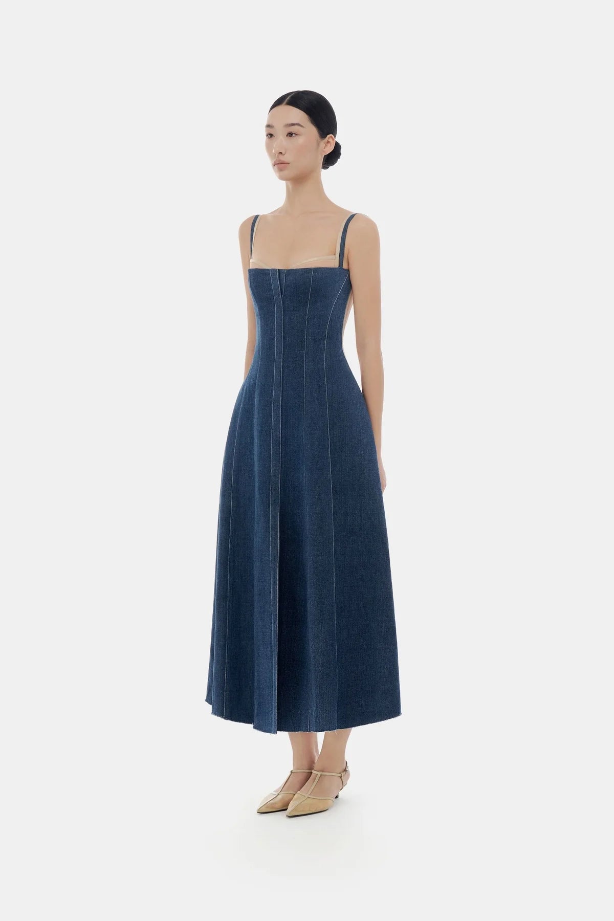 Denim Blue Corset Midi Dress - ALBOUSHIYA - district 5 - dubai - riyadh - abaya - dresses - designers - evening wear - luxury - elegance - craftsmanship - gowns - cocktail dresses - collections - georges