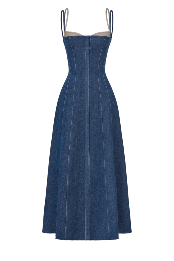 Denim Blue Corset Midi Dress - ALBOUSHIYA - district 5 - dubai - riyadh - abaya - dresses - designers - evening wear - luxury - elegance - craftsmanship - gowns - cocktail dresses - collections - georges