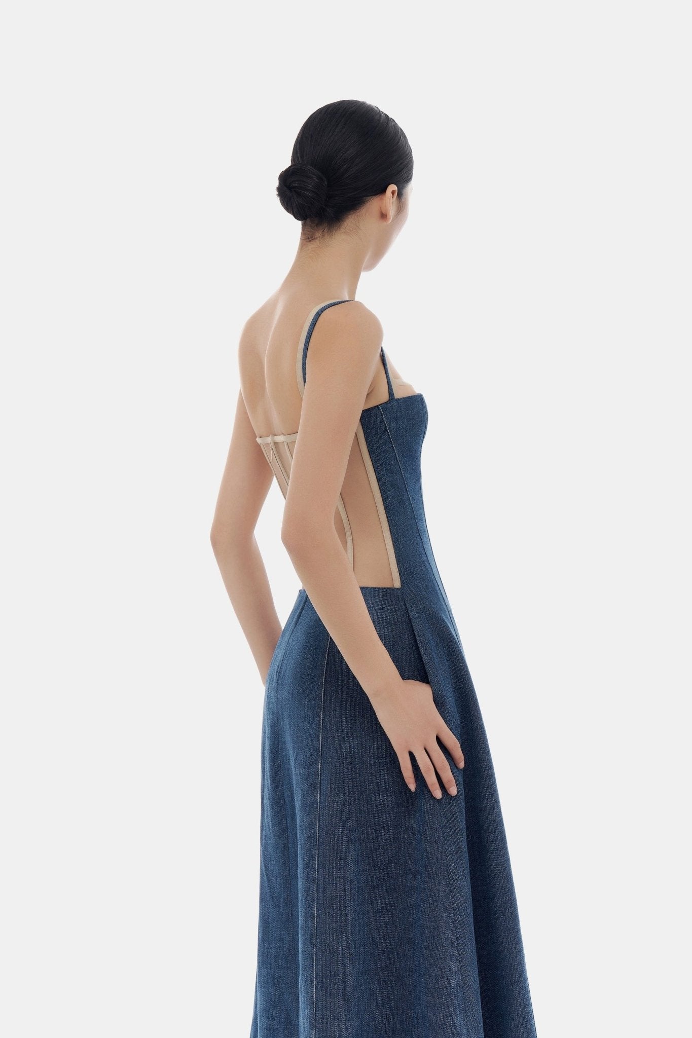 Denim Blue Corset Midi Dress - ALBOUSHIYA - district 5 - dubai - riyadh - abaya - dresses - designers - evening wear - luxury - elegance - craftsmanship - gowns - cocktail dresses - collections - georges