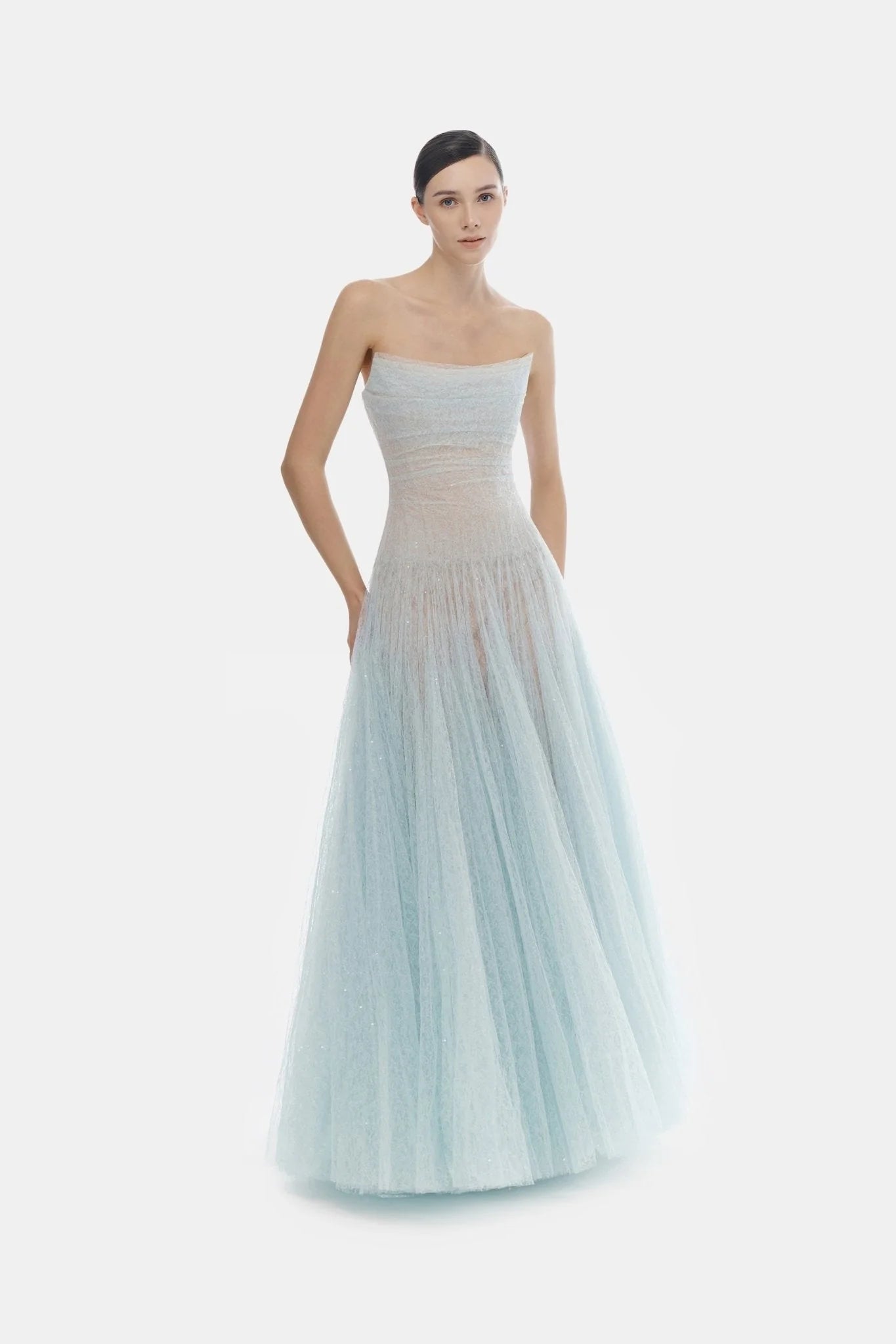 Draped Lace Maxi Dress - ALBOUSHIYA - district 5 - dubai - riyadh - abaya - dresses - designers - evening wear - luxury - elegance - craftsmanship - gowns - cocktail dresses - collections - georges