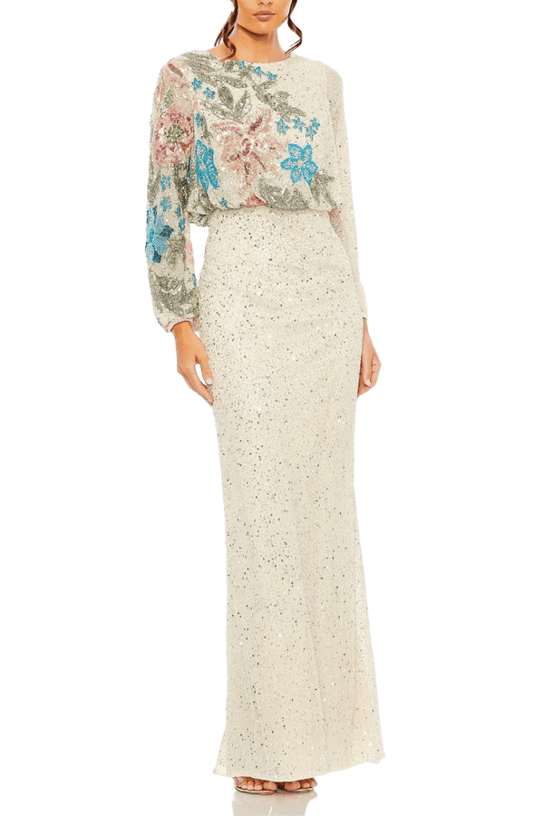 Embellished Multi Color Floral High Neck Gown - ALBOUSHIYA - district 5 - dubai - riyadh - abaya - dresses - designers - evening wear - luxury - elegance - craftsmanship - gowns - cocktail dresses - collections - georges