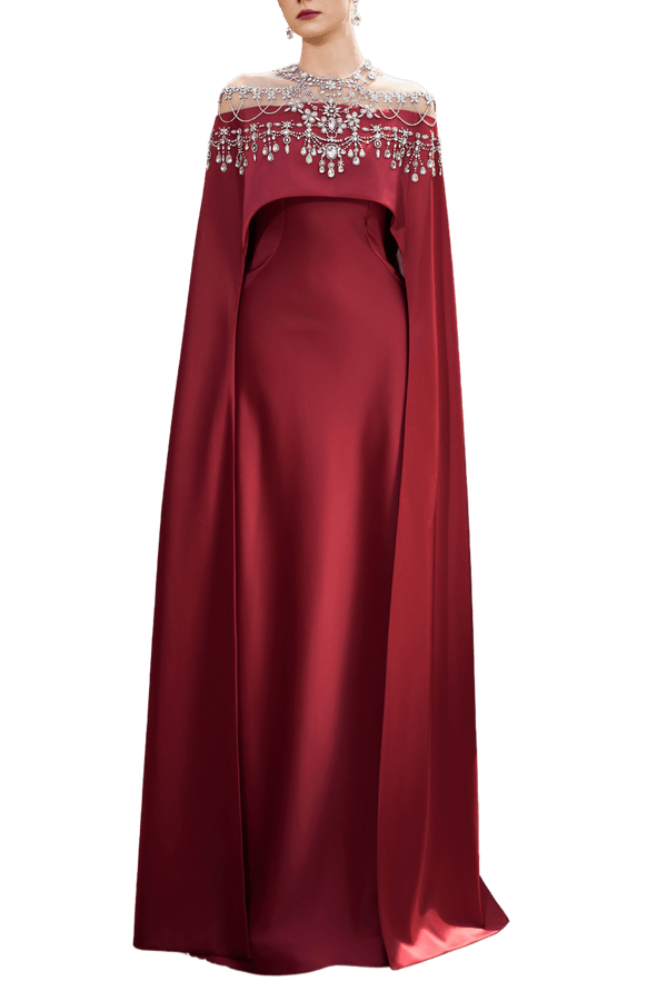 Embellished Off - Shoulder Cape Gown - ALBOUSHIYA - district 5 - dubai - riyadh - abaya - dresses - designers - evening wear - luxury - elegance - craftsmanship - gowns - cocktail dresses - collections - georges