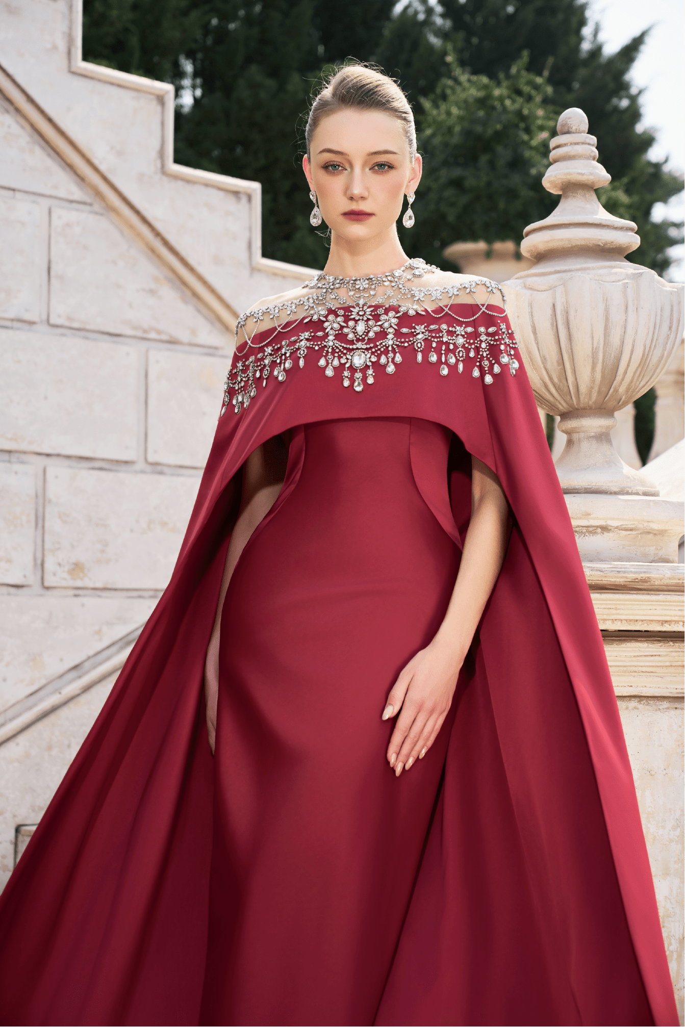 Embellished Off - Shoulder Cape Gown - ALBOUSHIYA - district 5 - dubai - riyadh - abaya - dresses - designers - evening wear - luxury - elegance - craftsmanship - gowns - cocktail dresses - collections - georges