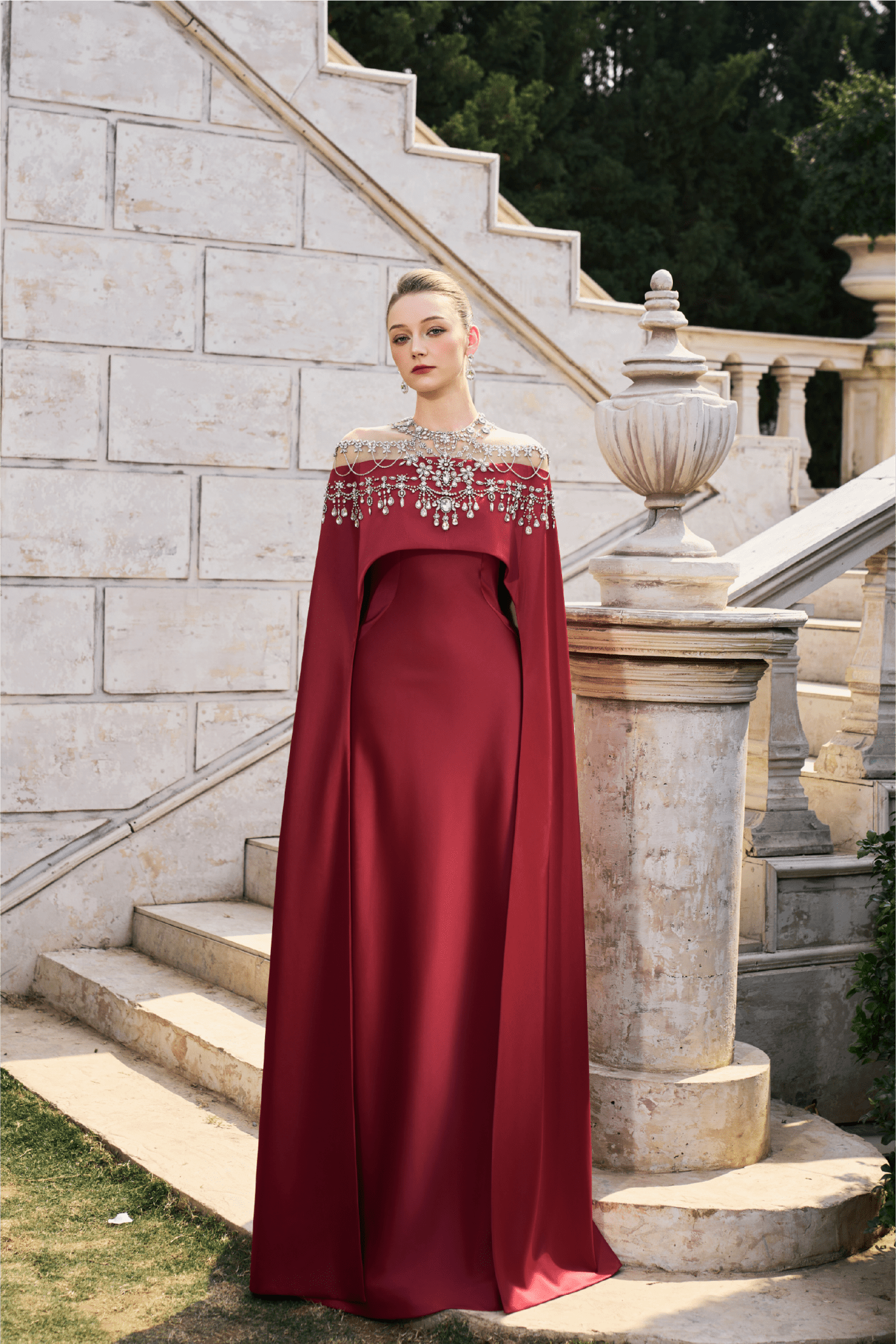 Embellished Off - Shoulder Cape Gown - ALBOUSHIYA - district 5 - dubai - riyadh - abaya - dresses - designers - evening wear - luxury - elegance - craftsmanship - gowns - cocktail dresses - collections - georges