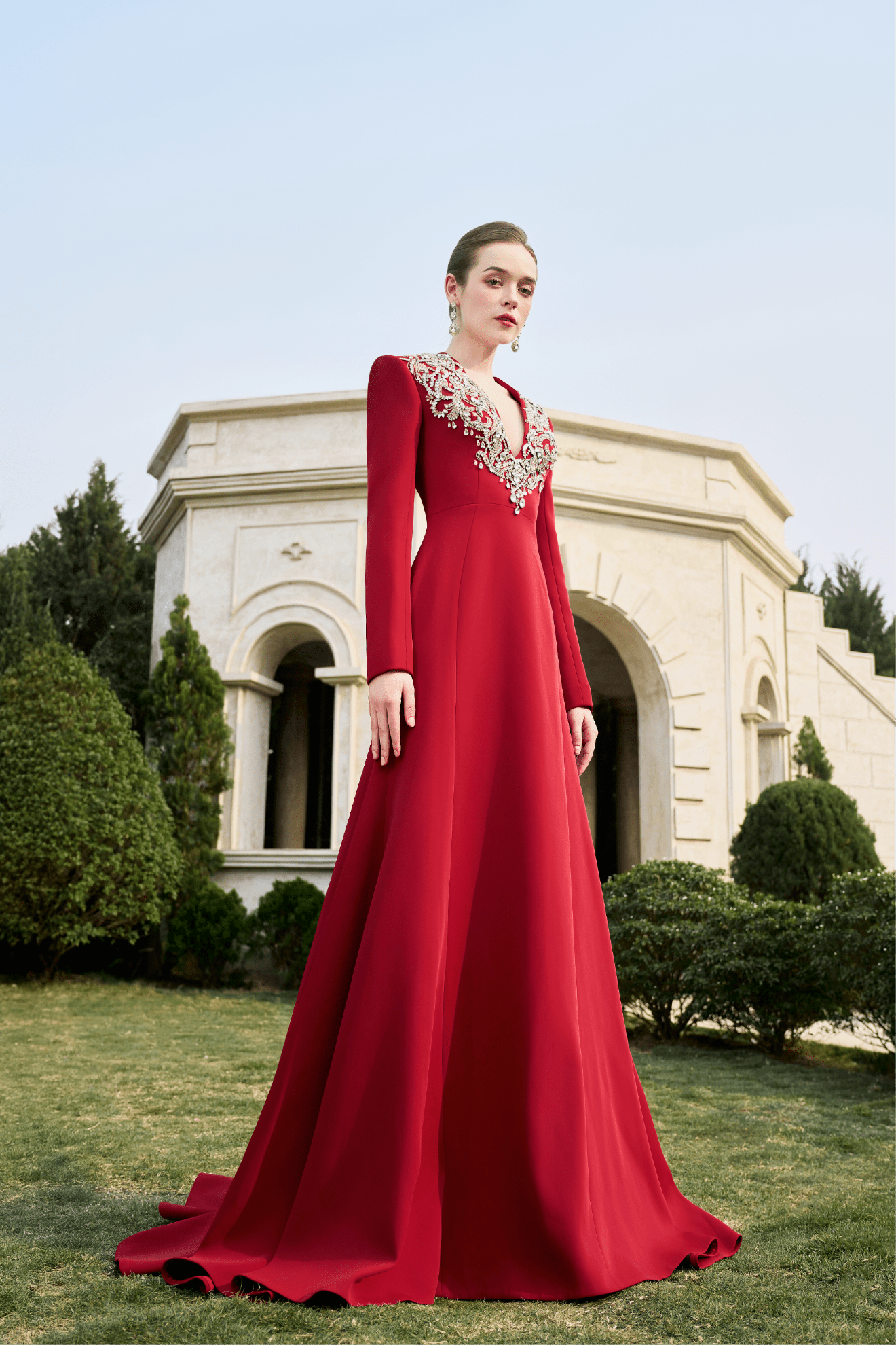 Embellished V - Neck Long - Sleeve Gown - ALBOUSHIYA - district 5 - dubai - riyadh - abaya - dresses - designers - evening wear - luxury - elegance - craftsmanship - gowns - cocktail dresses - collections - georges