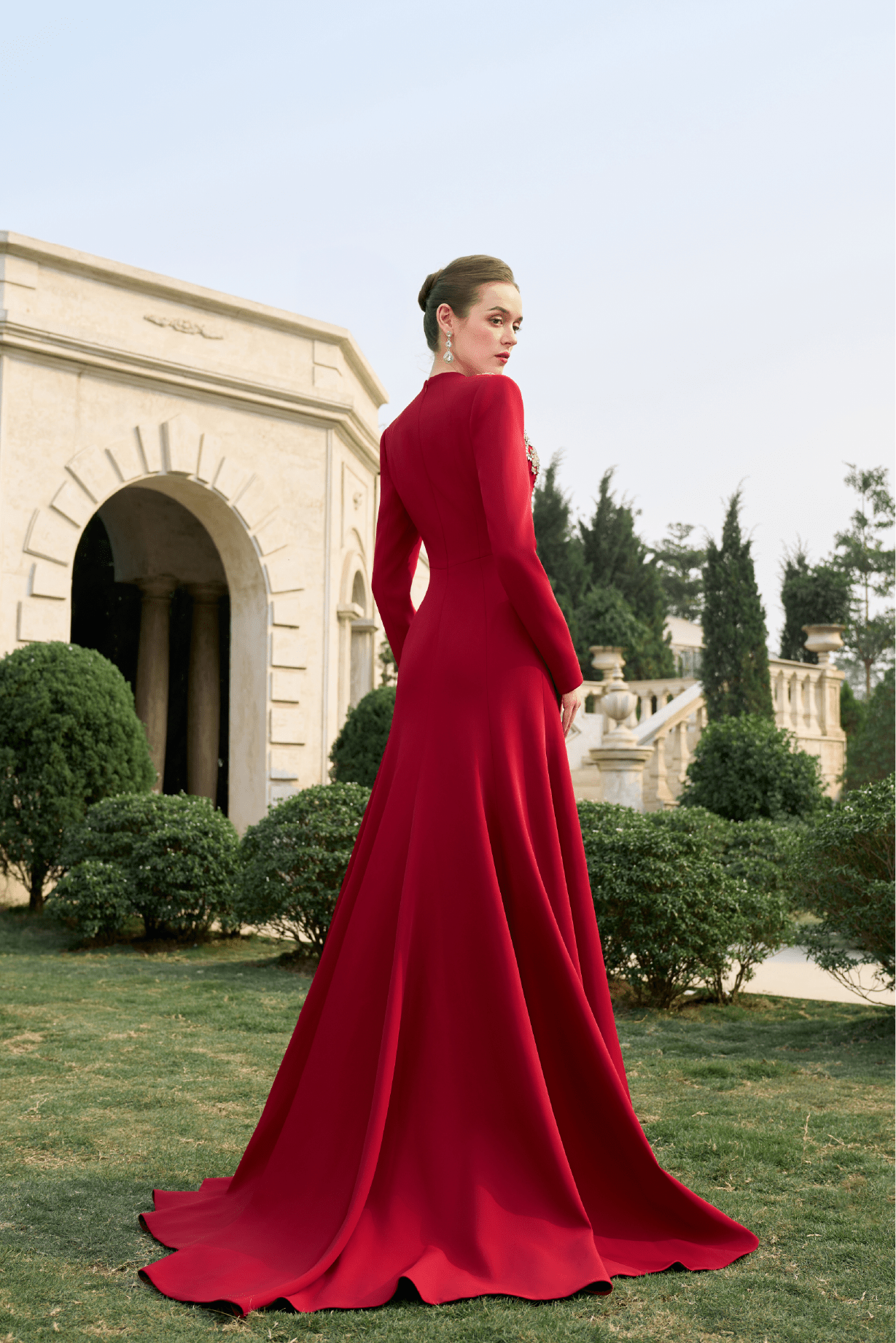 Embellished V - Neck Long - Sleeve Gown - ALBOUSHIYA - district 5 - dubai - riyadh - abaya - dresses - designers - evening wear - luxury - elegance - craftsmanship - gowns - cocktail dresses - collections - georges