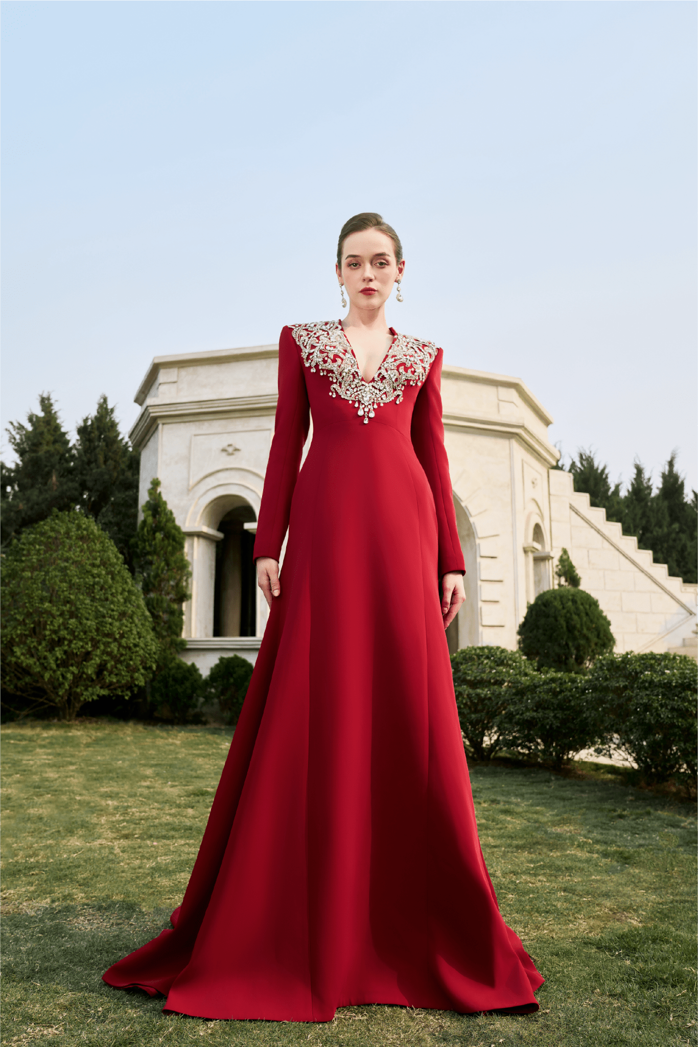 Embellished V - Neck Long - Sleeve Gown - ALBOUSHIYA - district 5 - dubai - riyadh - abaya - dresses - designers - evening wear - luxury - elegance - craftsmanship - gowns - cocktail dresses - collections - georges