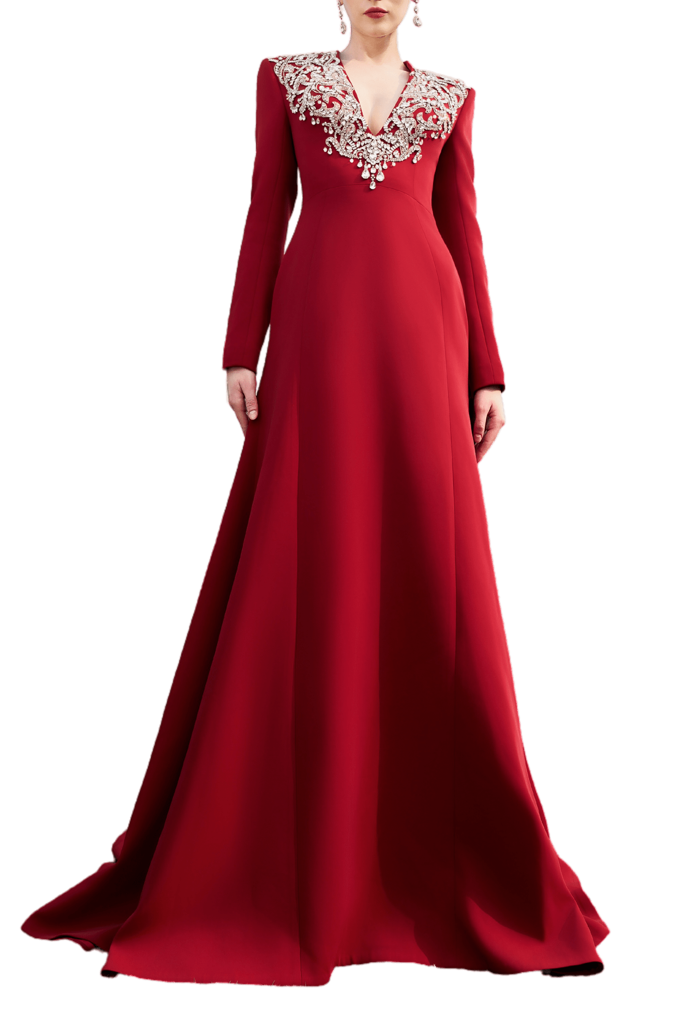 Embellished V - Neck Long - Sleeve Gown - ALBOUSHIYA - district 5 - dubai - riyadh - abaya - dresses - designers - evening wear - luxury - elegance - craftsmanship - gowns - cocktail dresses - collections - georges
